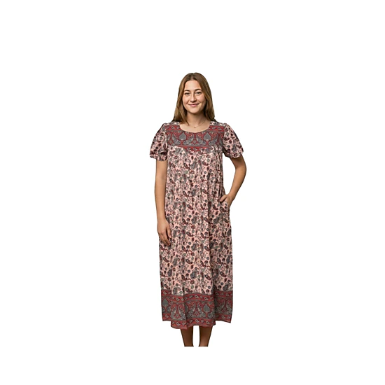Loungees Border Print Cotton Lounge Dress House Dress Caftan Sweetheart Neck Short Sleeve