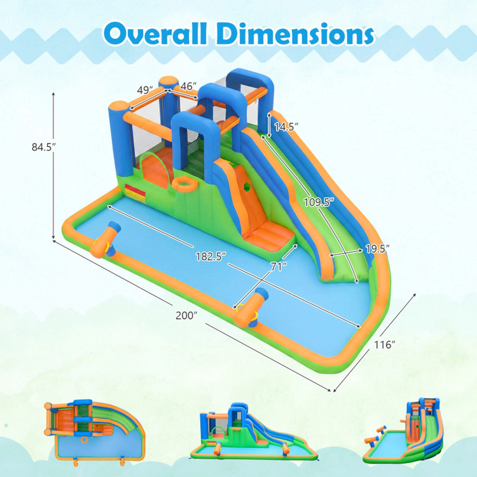 SUGIFT Inflatable Water Slide Park with 182.5-in Splash Pool 2 Climbing Walls and 780W Blower for Yard