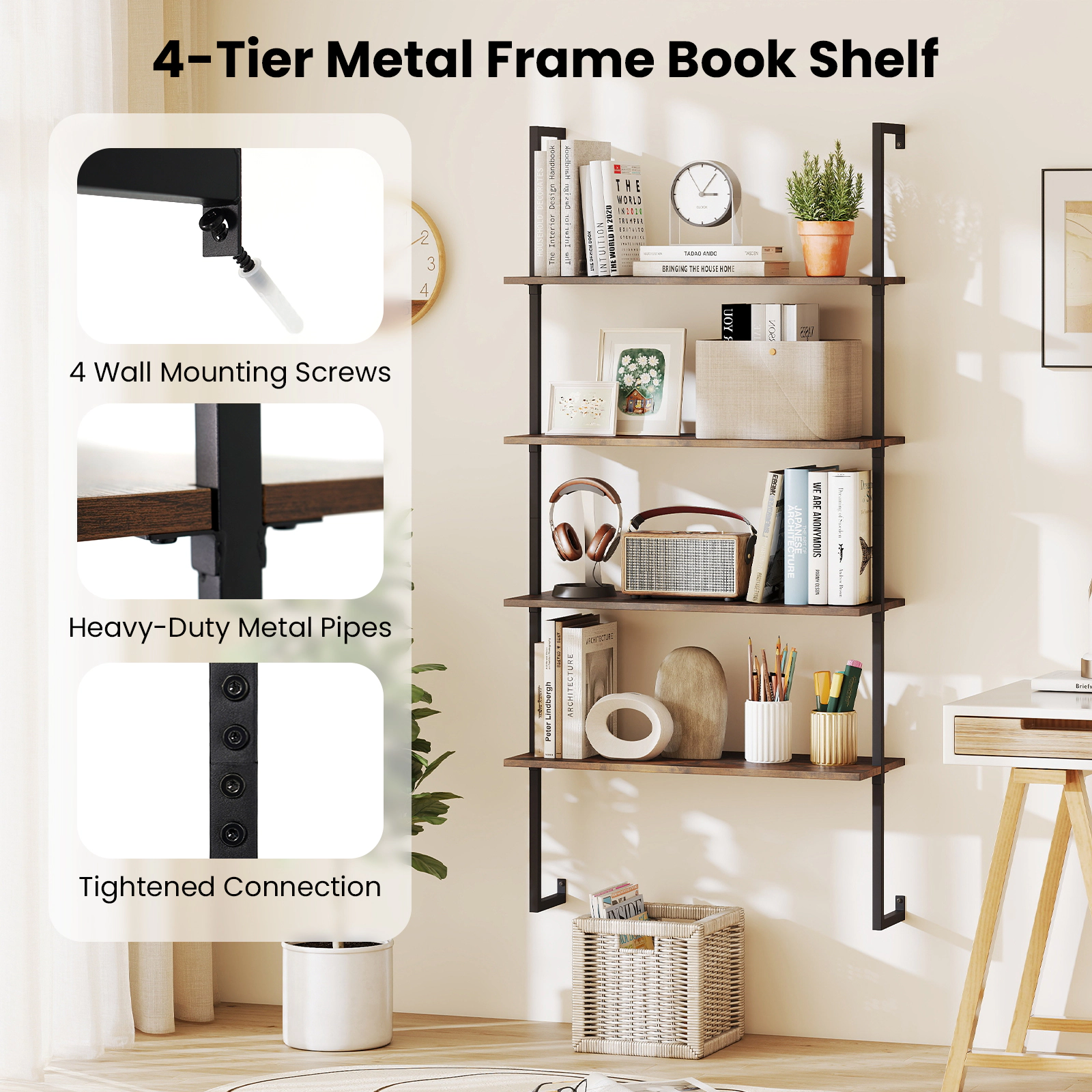 Hivvago Industrial 4-Tier Bookcase with Ladder Design