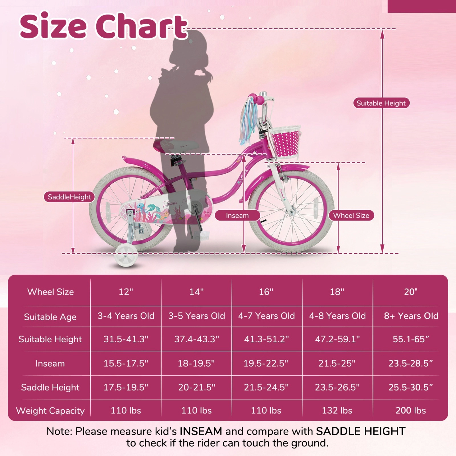 20-in Kids Bike Girls Ages 8+ Adjustable Bicycle Mermaid Theme Streamers Front Basket Kickstand 200-lb Seat Capacity