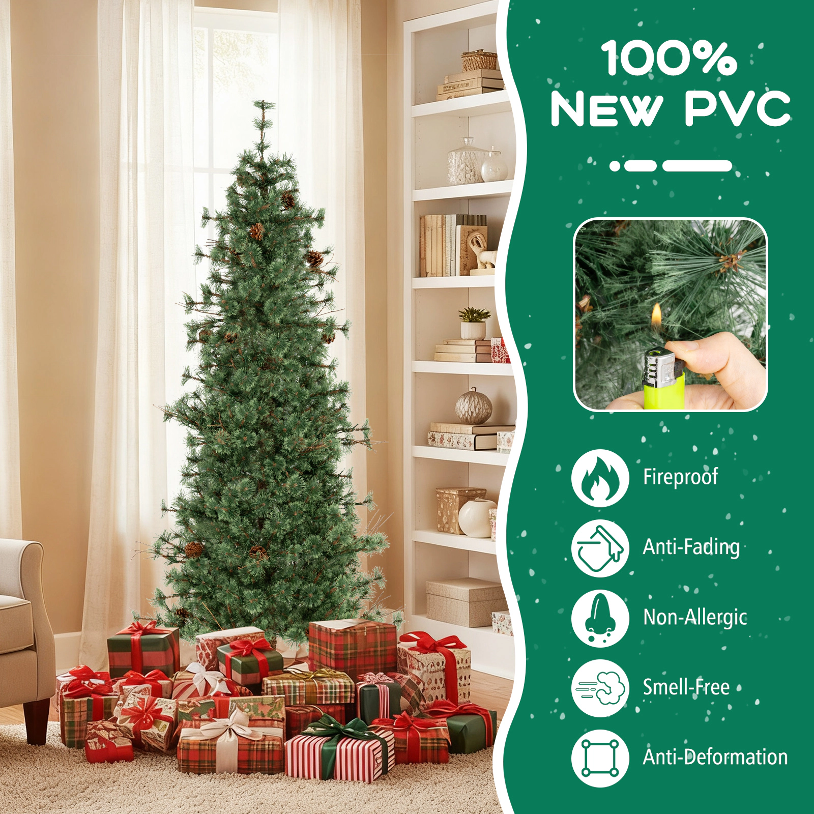 SUGIFT 7 ft Pre-Lit Christmas Tree with 502 Branch Tips 300 Warm White LEDs and 28 Pine Cones