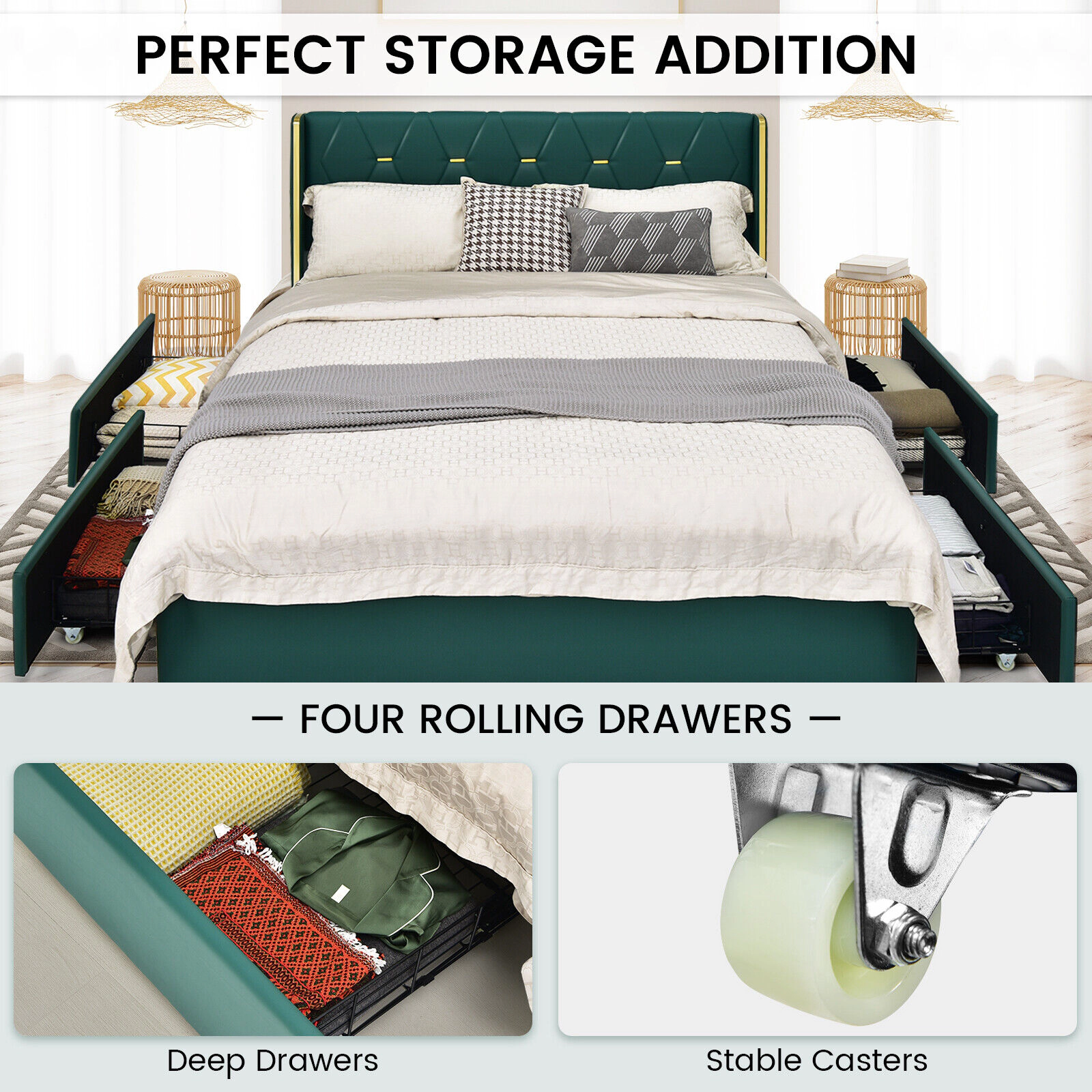 LJG Full/Queen Size Upholstered Bed Frame with 4 Drawers-Green-Full Size
