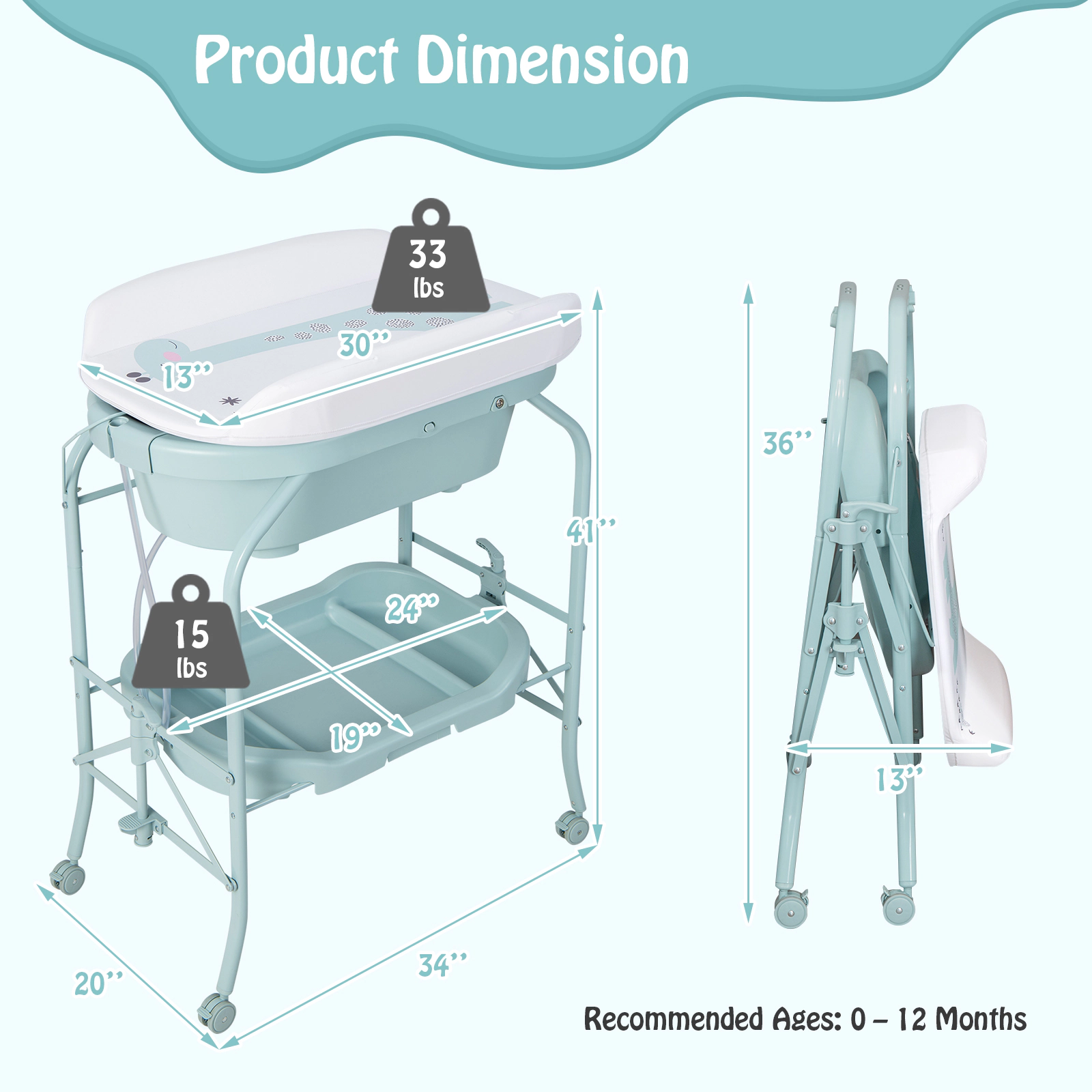 SUGIFT Folding Baby Changing Table with Bathtub and 4 Universal Wheels 33-lb Capacity Ages 0-12 Months Blue
