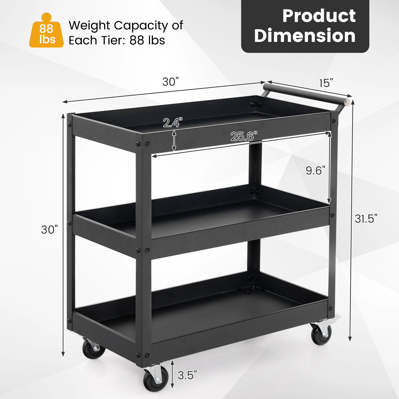 SUGIFT 3-Tier Rolling Utility Cart with Handle and 360° Wheels 110-lb Capacity per Tier Black/Red
