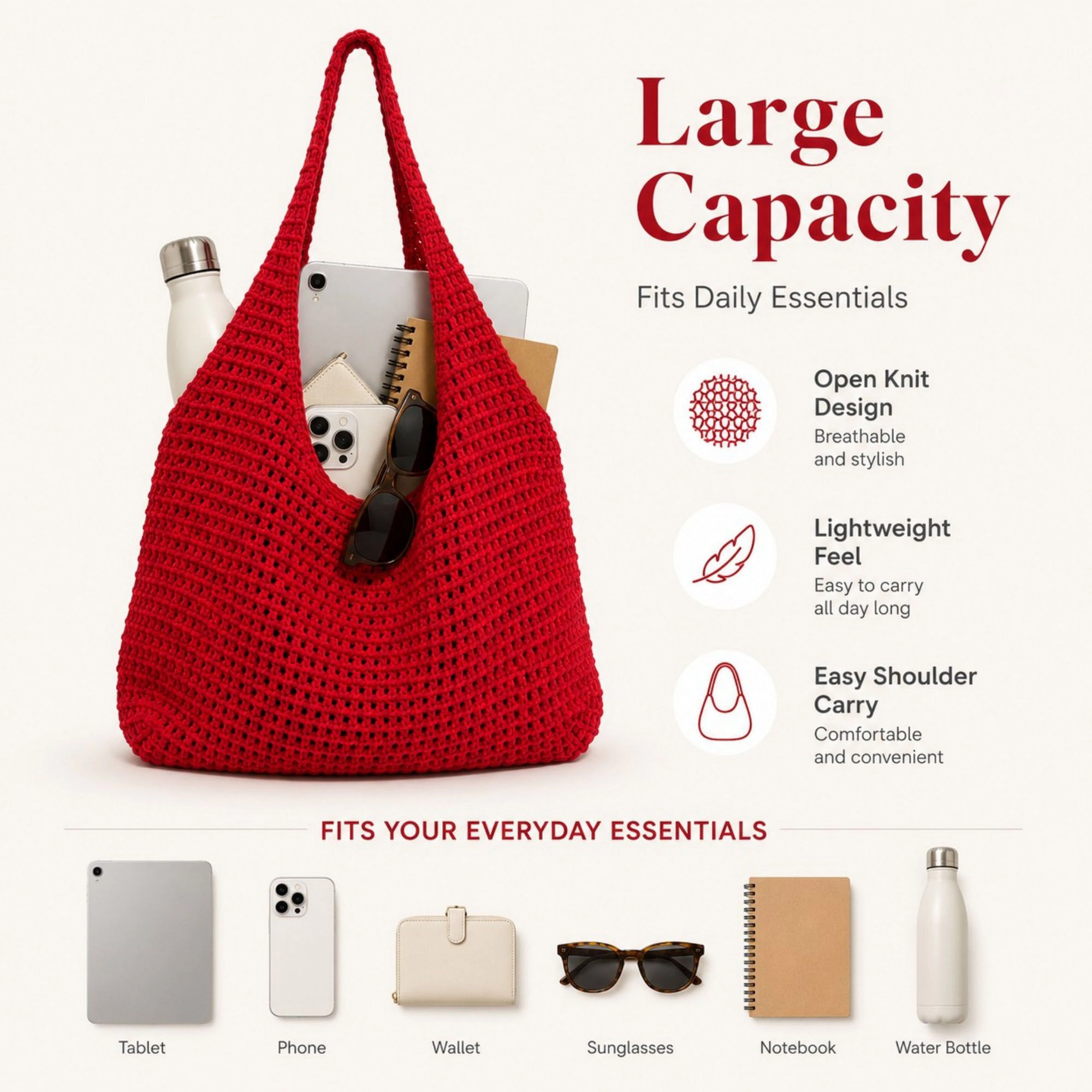 Alilang Women's Crochet Tote Bag Red Open Knit Shoulder Large Capacity Hobo Purse