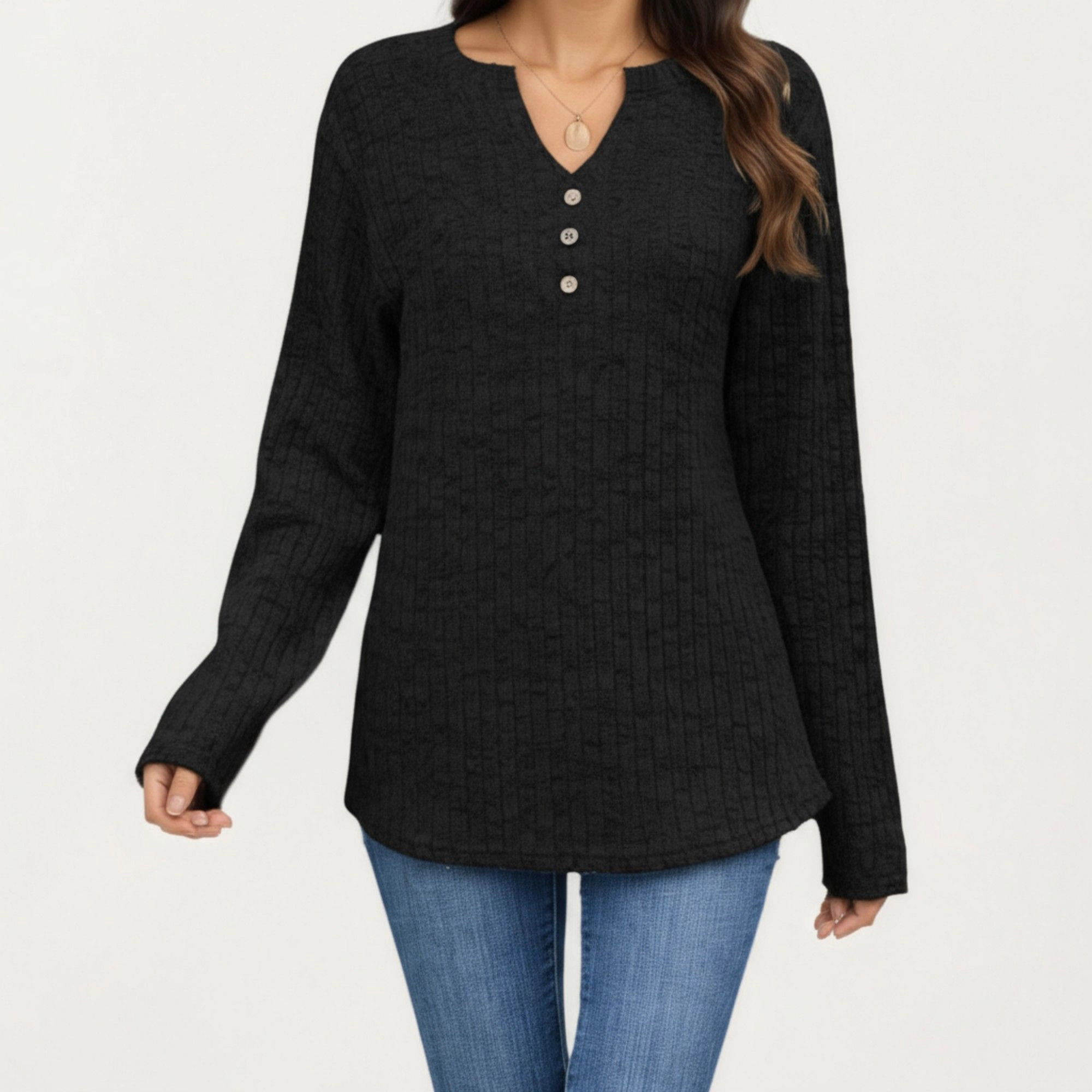 Anna-Kaci Women's Button Front Curved Hem Long Sleeve Ribbed Knit Top