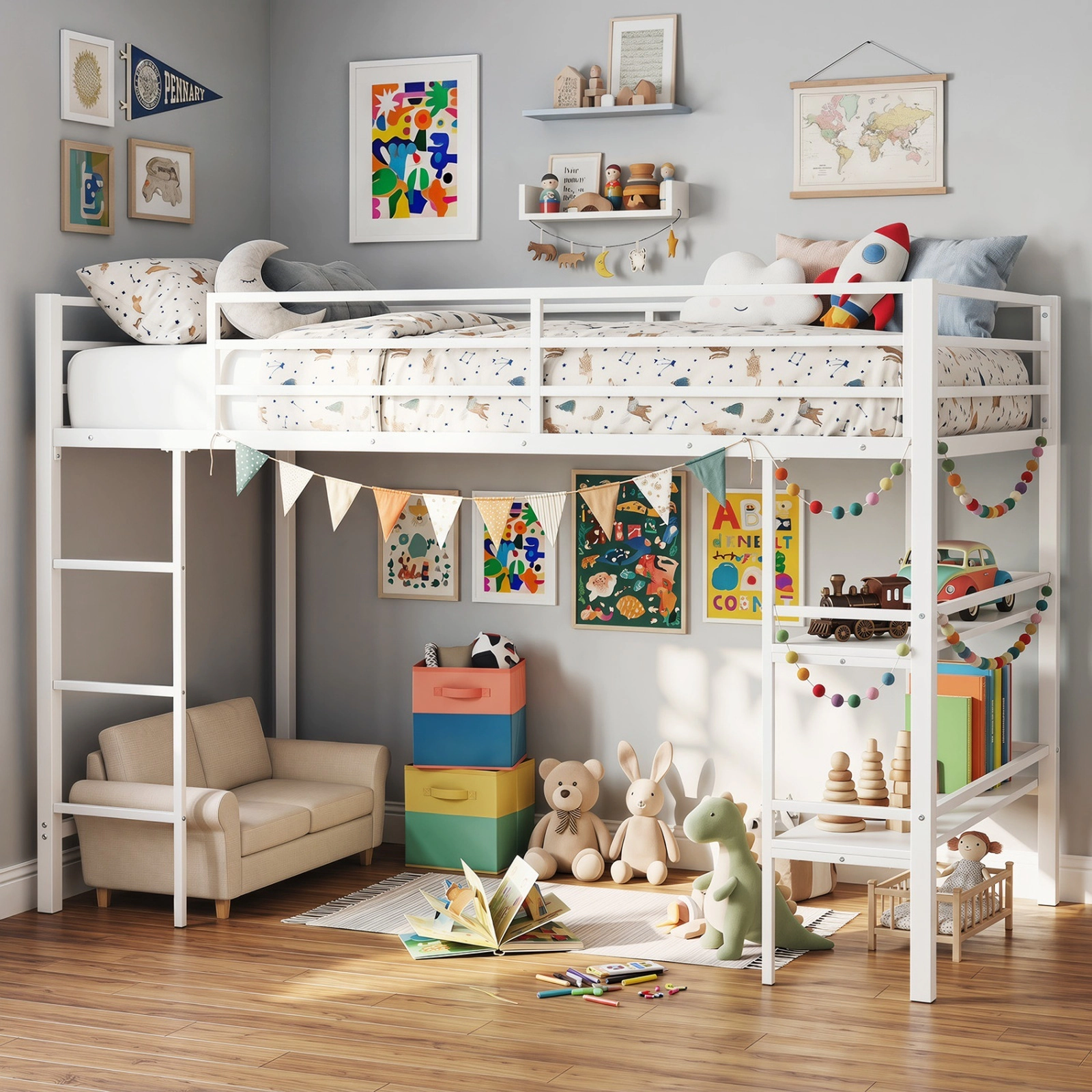 SUGIFT Twin Low Loft Bed, Metal Frame, Ladder, Storage Shelves, White