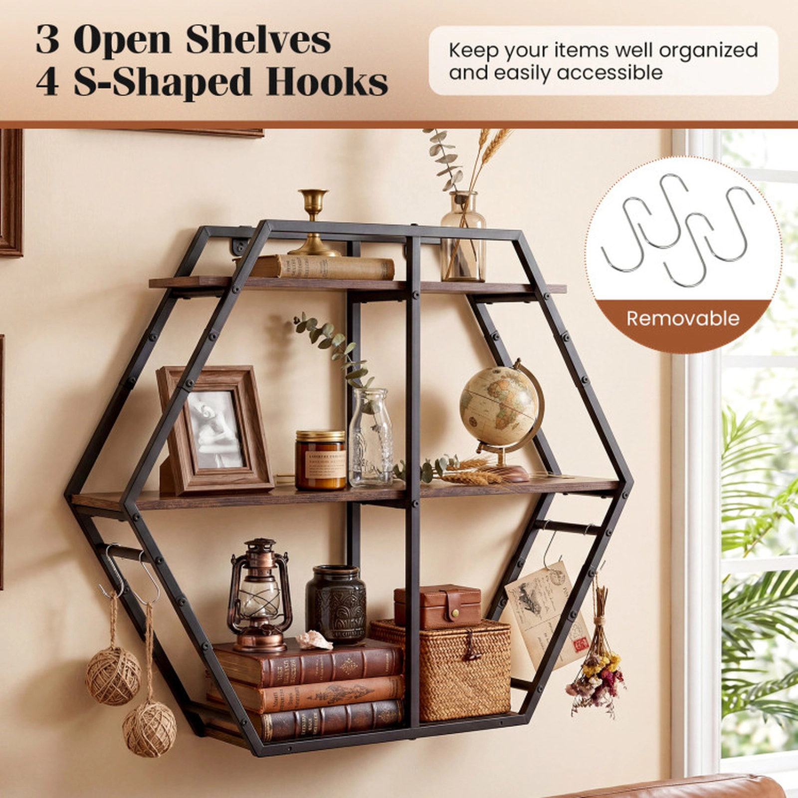 SUGIFT 3-Tier Hexagon Wall Mount Bookcase with S-Shaped Hooks 80-lb Capacity 32-in Wide Rustic Brown + Black