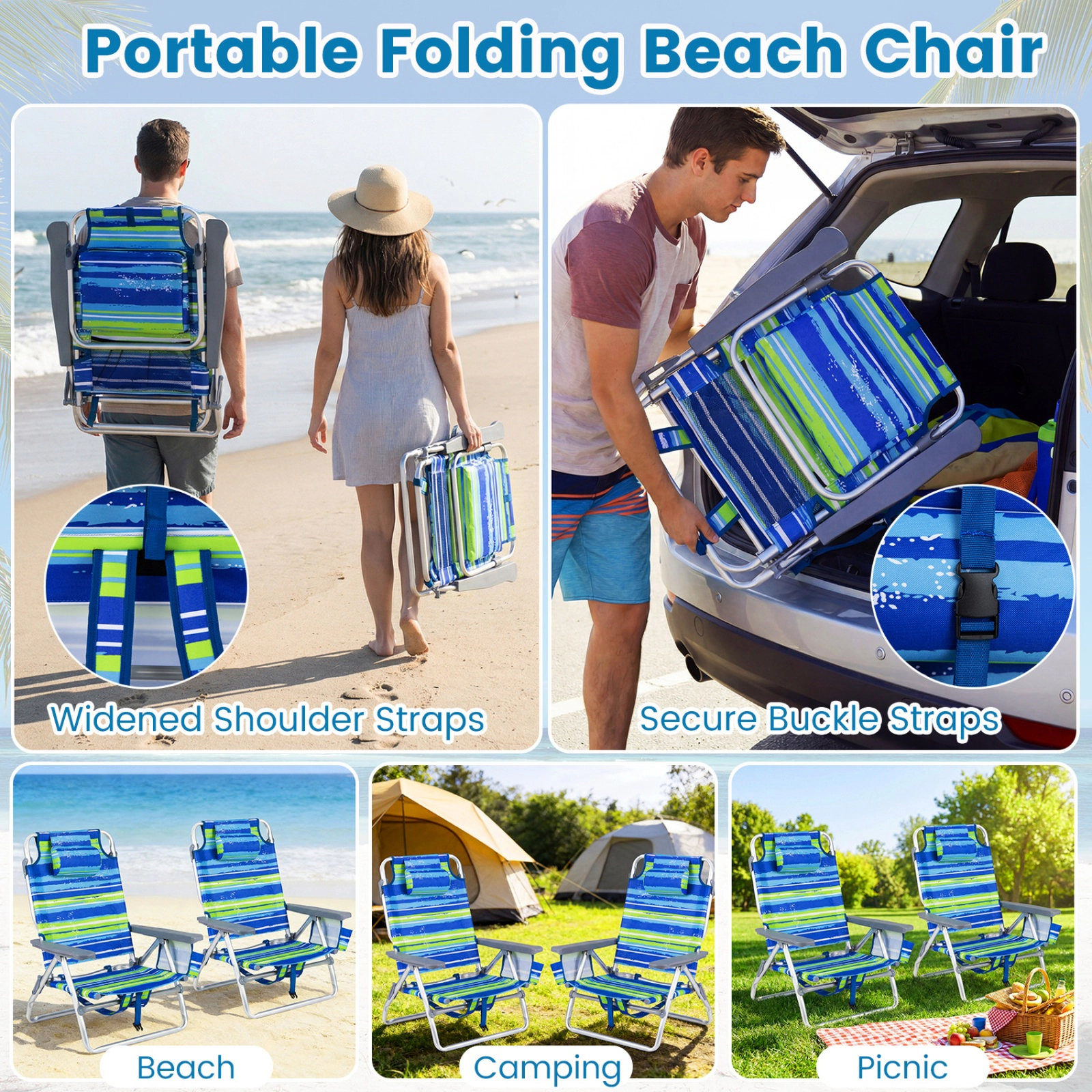 SUGIFT 5-Position Folding Backpack Beach Recliner Chairs Set of 2 330-lb Capacity with Padded Headrest Blue and Green