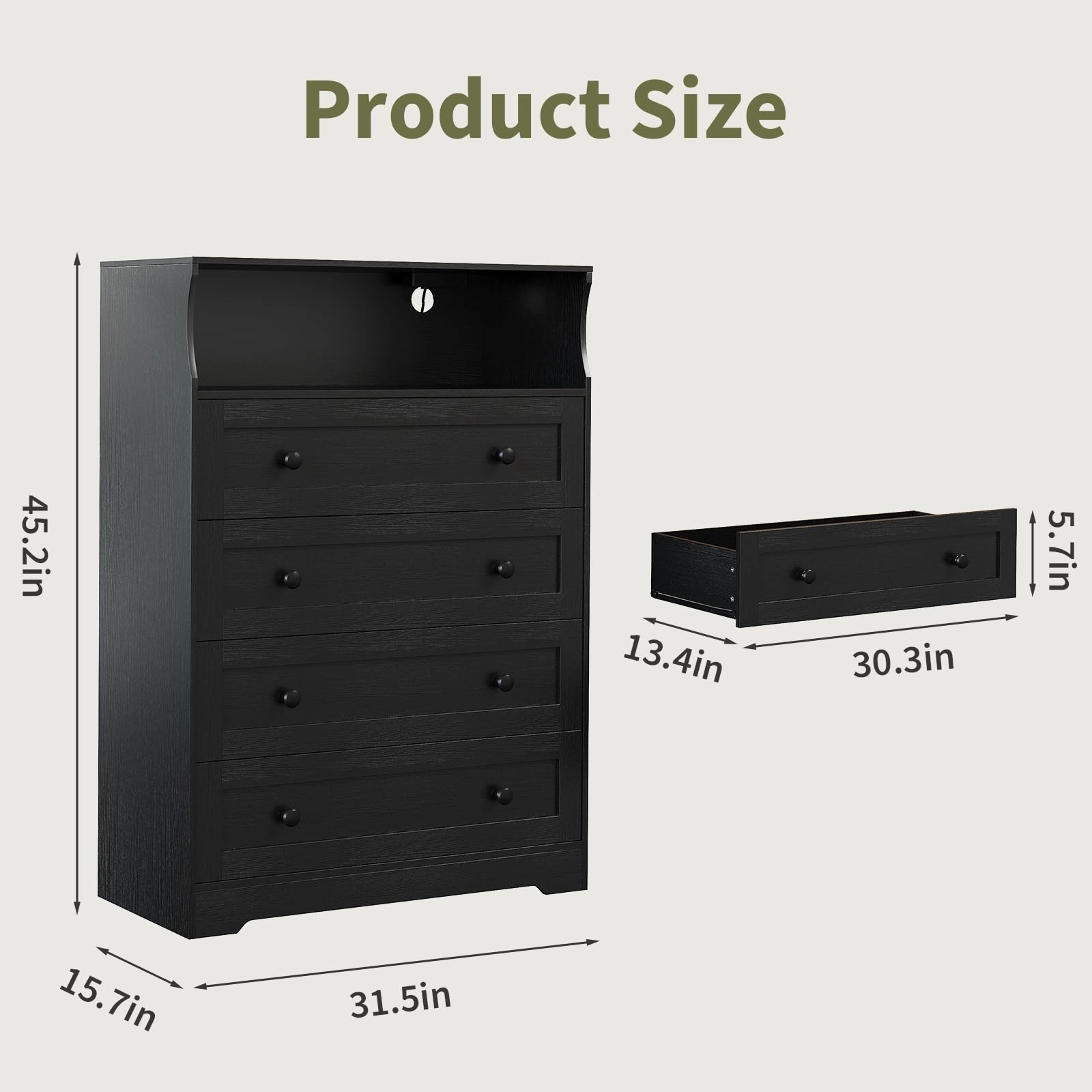 45.2" Tall 4 Drawer Dresser with LED Shelf & Charging Station, Wood Storage Chest