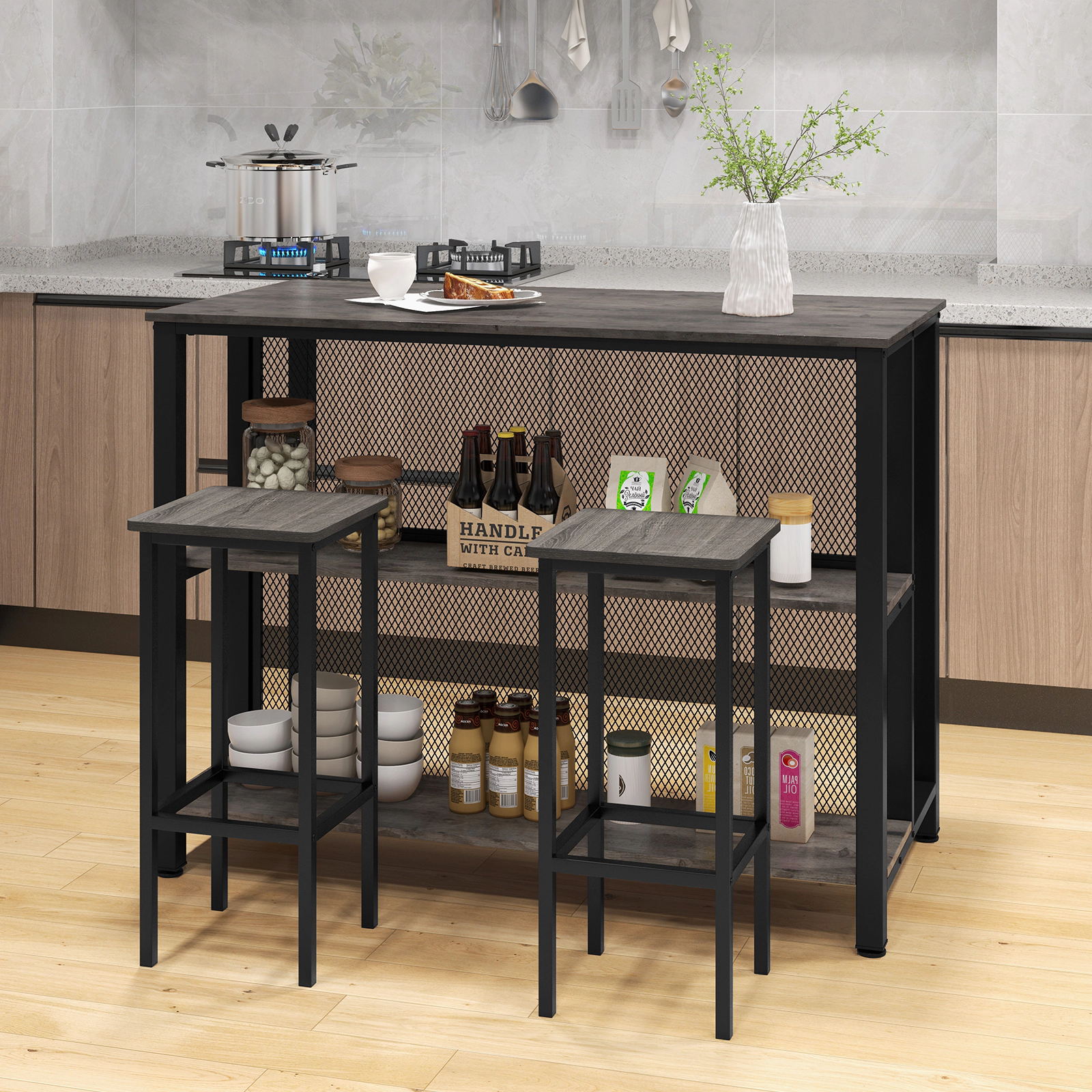 Hivvago 36-Inch Tall Bar Table with Triple Storage Shelves and Adjustable Metal Base