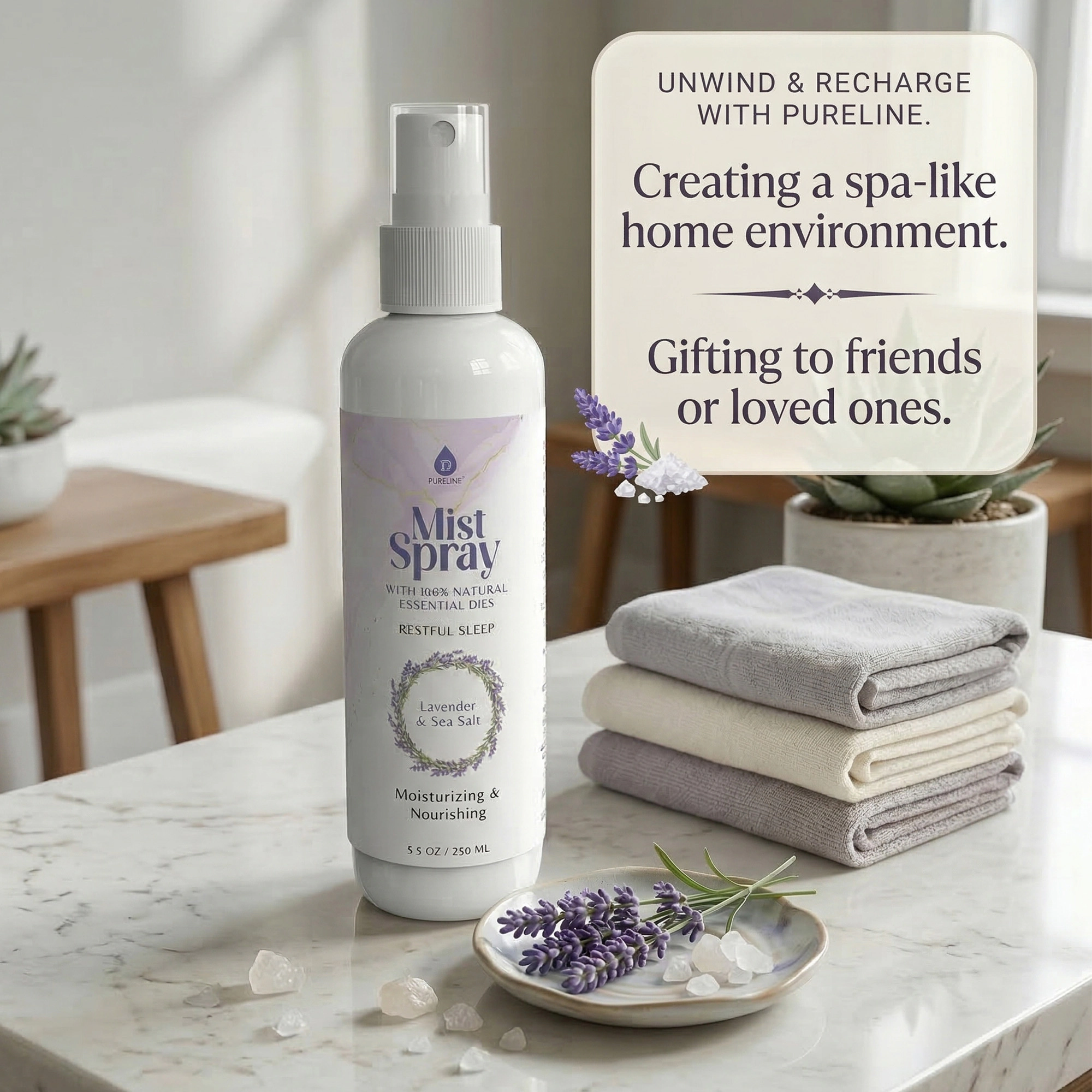 Pursonic Unisex Aromatherapy & Wellness Mist Spray Set: Lavender & Sea Salt Body, Linen & Room Sprays (3-Pack)