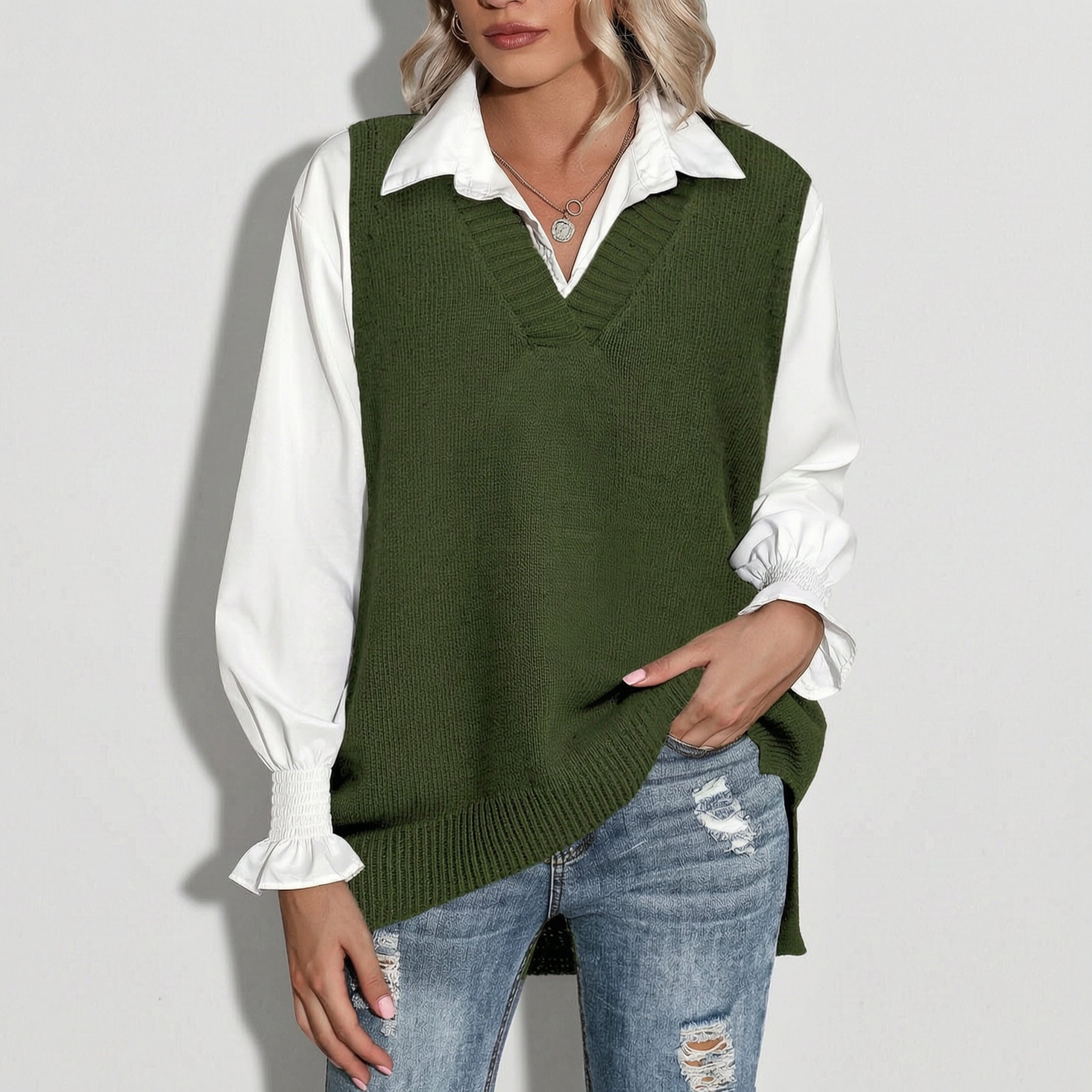 Zeagoo Women's Oversized V-Neck Knit Sleeveless Sweater Vest