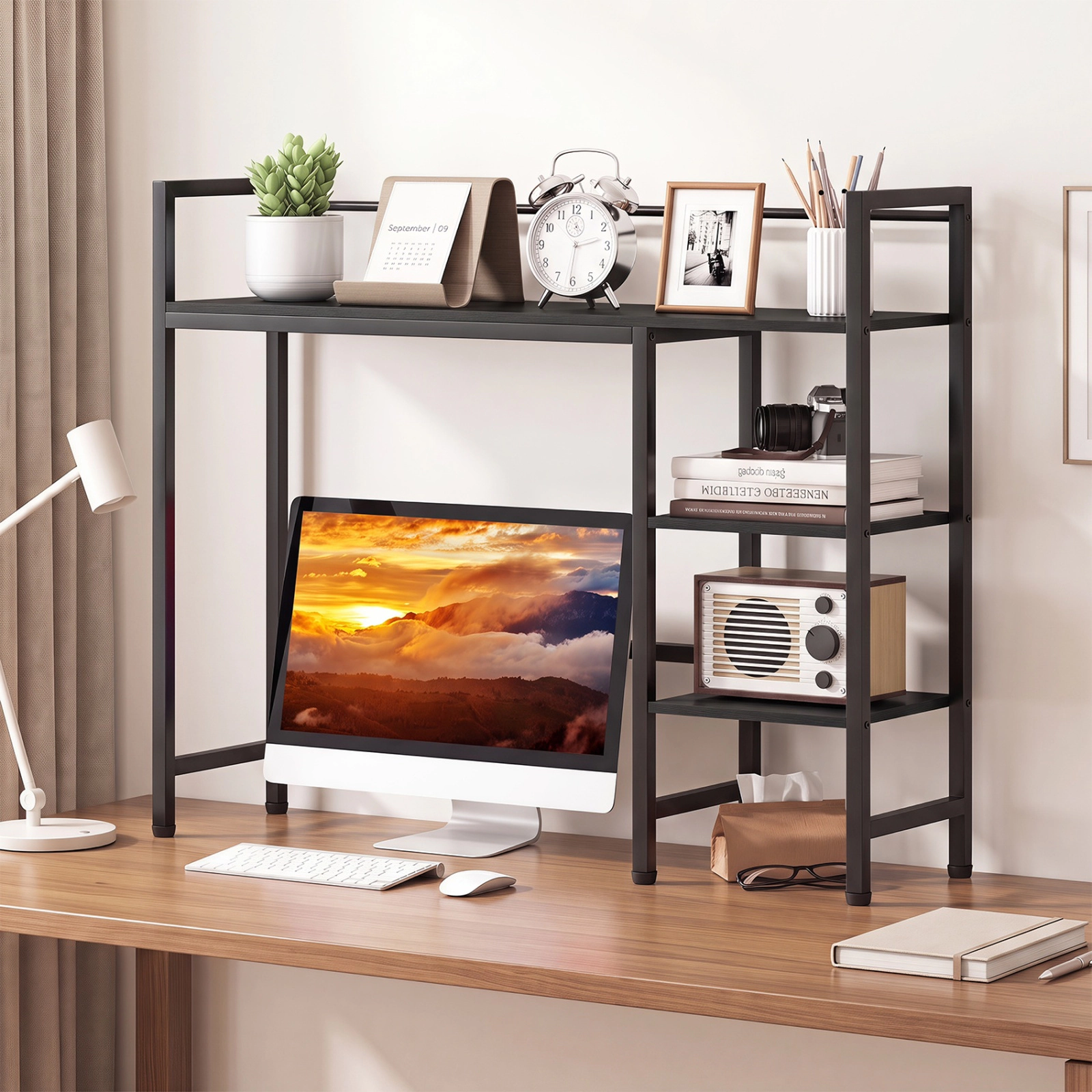 SUGIFT Black 38.5 in Desktop Bookshelf with Metal Frame and Monitor Space