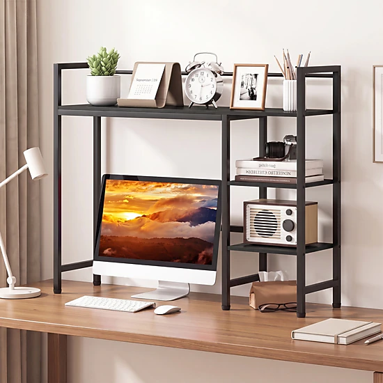 SUGIFT Black Desktop Bookshelf with Metal Frame and Monitor Bay 38.5-in W 10-in D 31-in H 110-lb Top Shelf