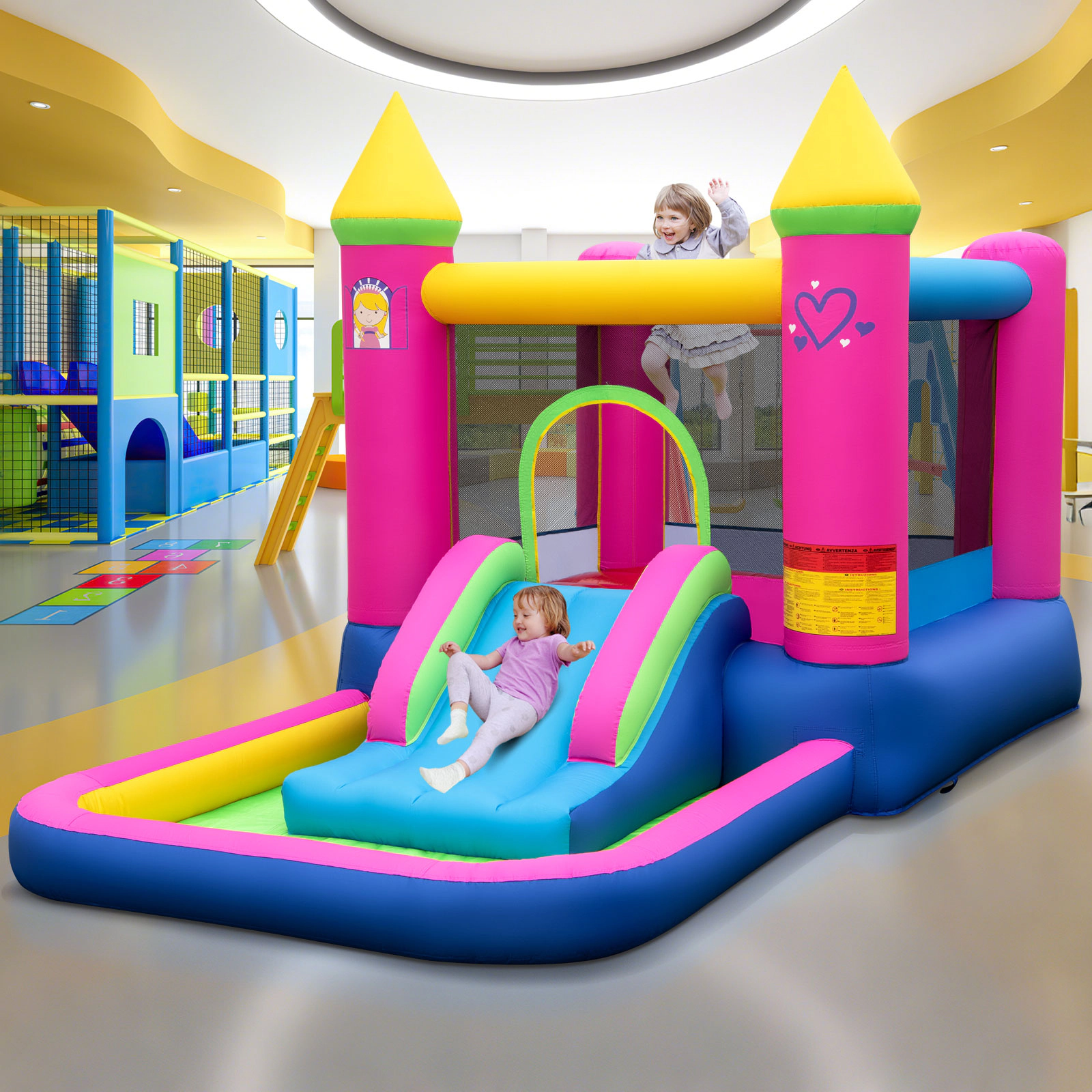 4-in-1 Princess Bouncy Castle Inflatable Bounce House with Slide Basketball Hoop Ball Pit
