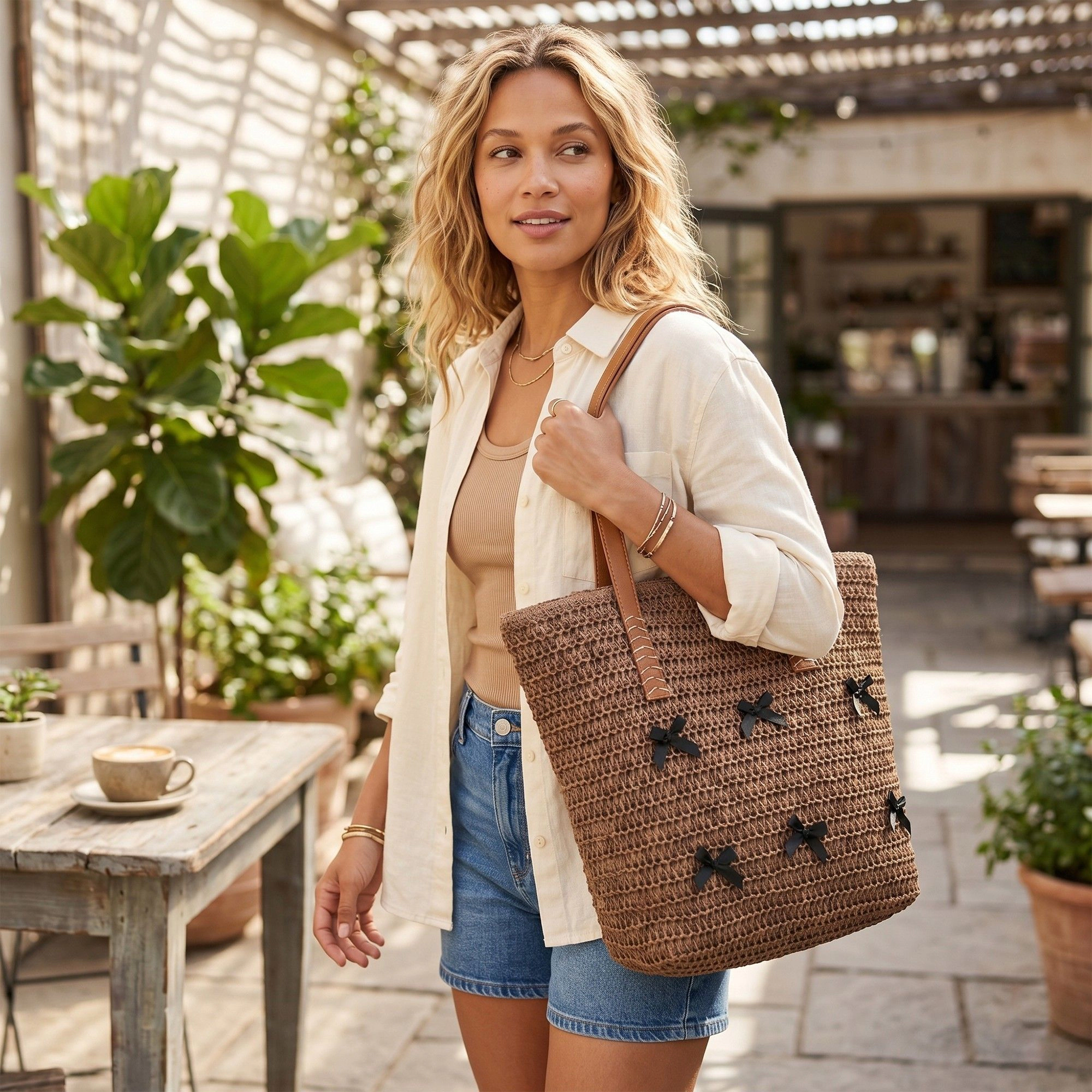 Alilang Women's Woven Crochet Tote Bag with Bow Detail Leather Strap Shoulder Handbag Lightweight Knit Large