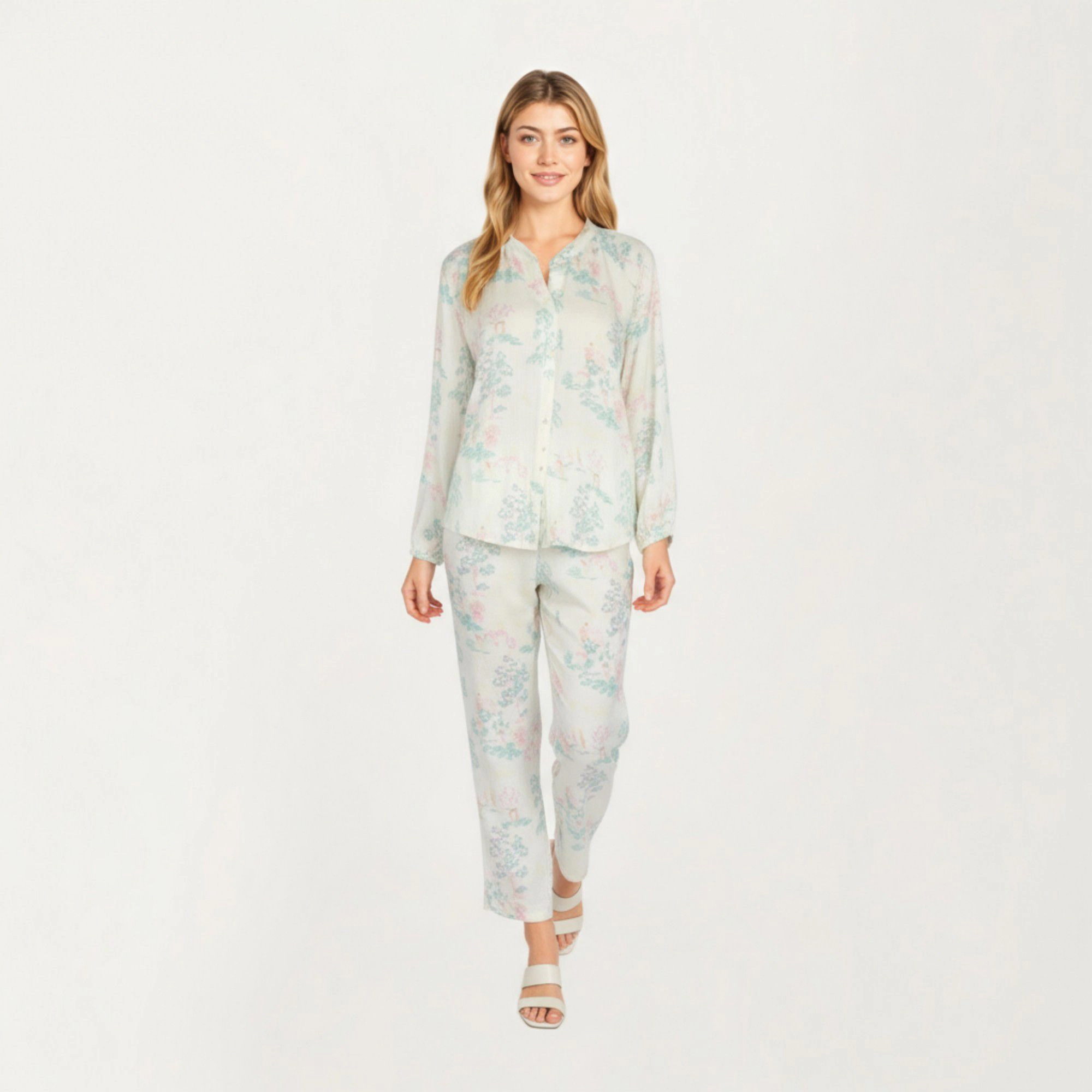 Anna-Kaci Women's 2-Piece Long Sleeve Button Front Top and Relaxed Fit Pants Pajama Set with Pastel Print