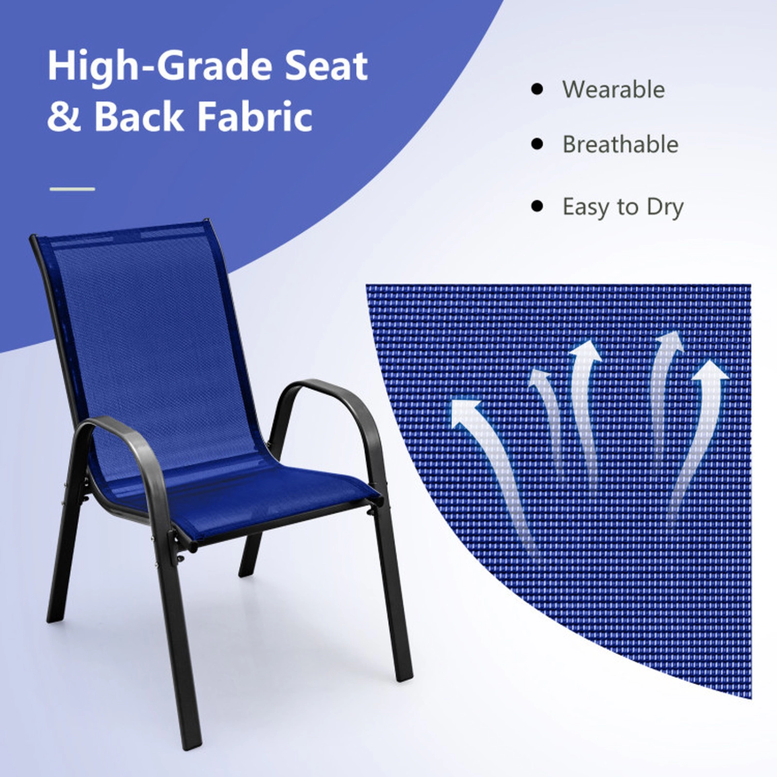 SUGIFT Patio Sling Dining Chairs Set with Armrest 330-lb Capacity Navy Fabric Gray Steel Frame 29-in Long 4-Piece