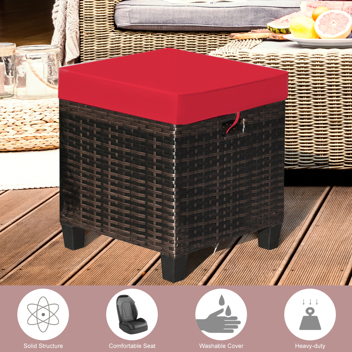 SUGIFT Set of 2 Hand Woven PE Rattan Zippered Cushions Cube Patio Ottomans 16-in x 16-in x 18-in 375-lb Capacity Red