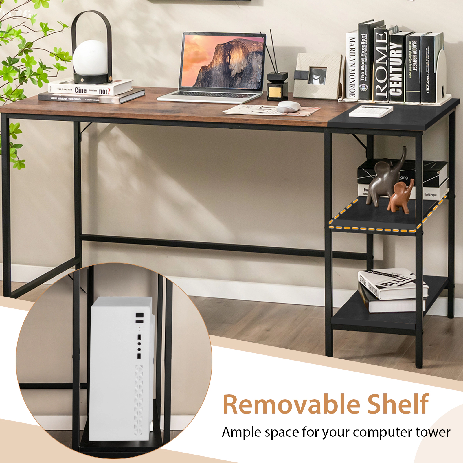 SUGIFT 55-in Modern Industrial Study Writing Desk with 2 Storage Shelves 255-lb Desktop Capacity Rustic Brown Black