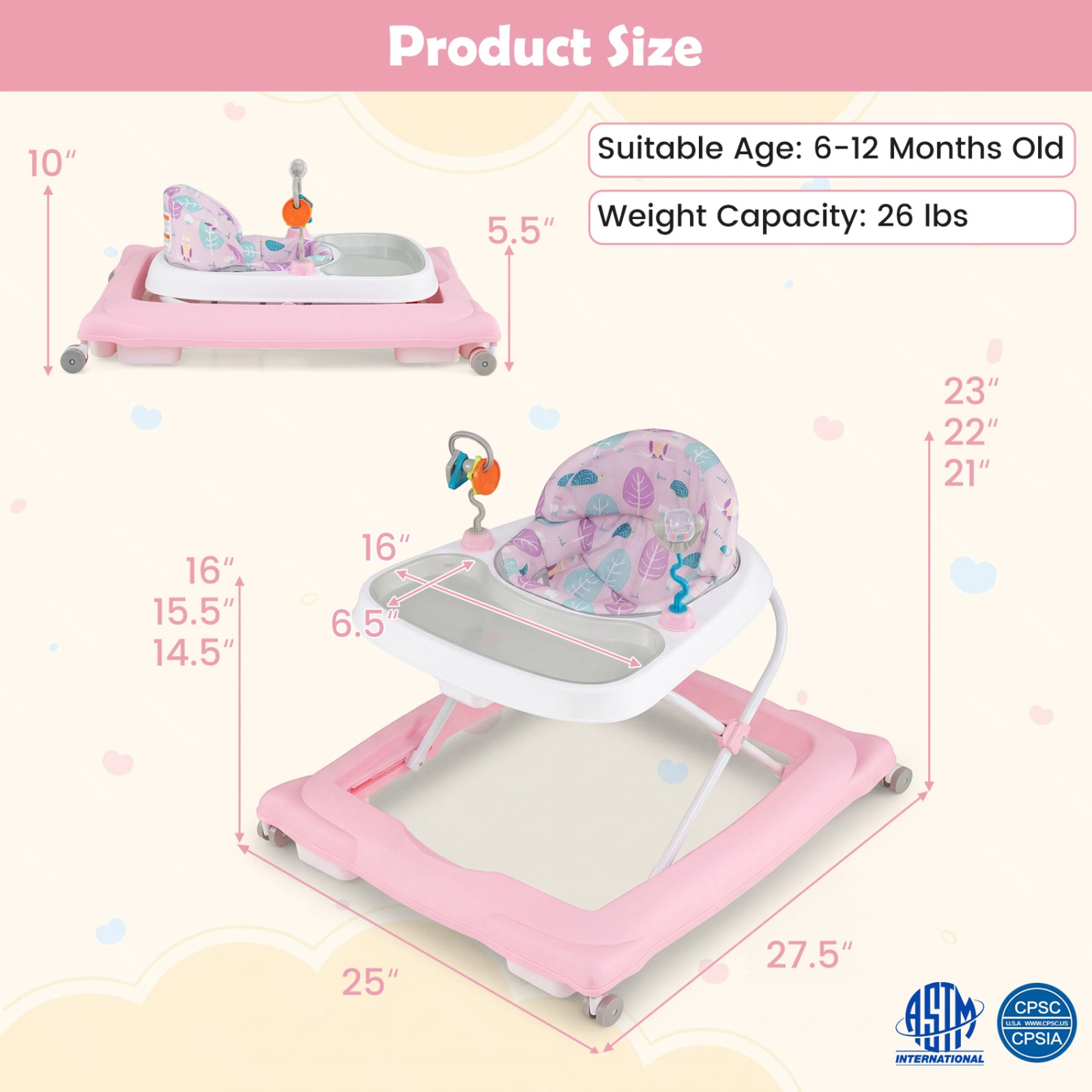 SUGIFT Foldable Baby Walker Adjustable Height & Feeding Tray 26-lb Capacity Ages 6-12 Months Pink with Shape Sorters