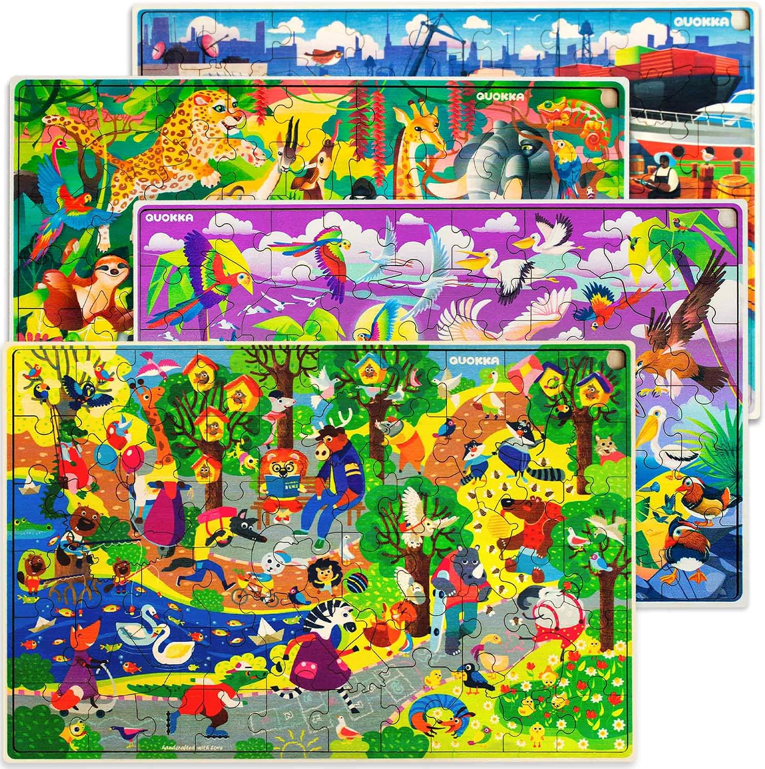 QUOKKA Wooden Jigsaw Puzzle Set for Kids Ages 4–10, 4-Pack, 60 Pieces Each, Animal, Dinosaur & City Themes