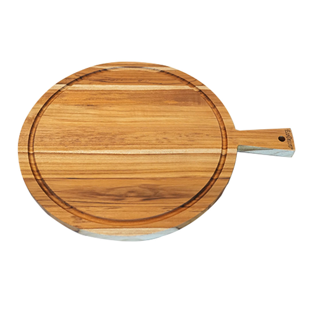 EcoDecors 18" Round Teak Edge-Grain Cutting Board with Handle and Juice Groove
