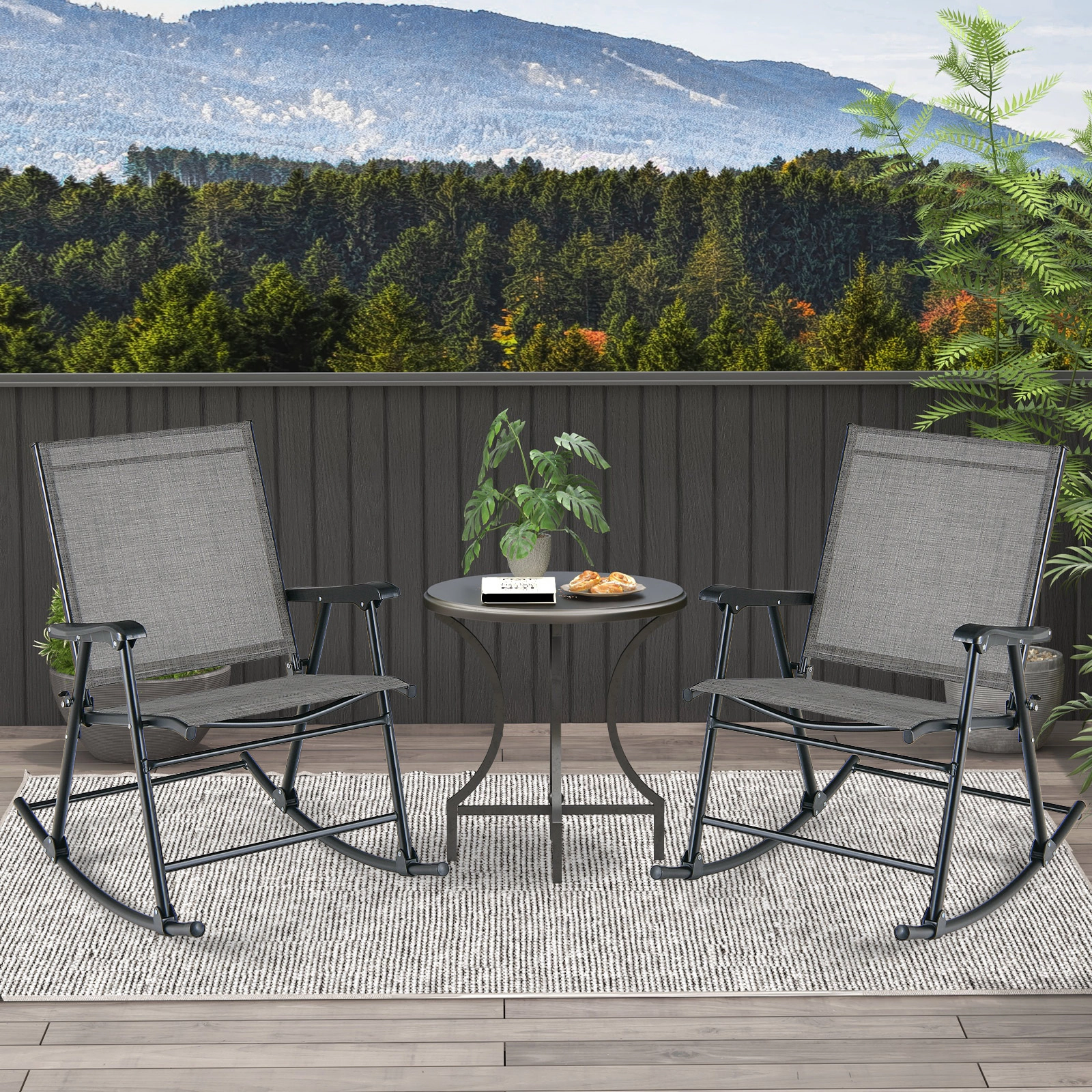 SUGIFT Gray Breathable Seat Fabric Set of 2 Folding Rocking Chairs