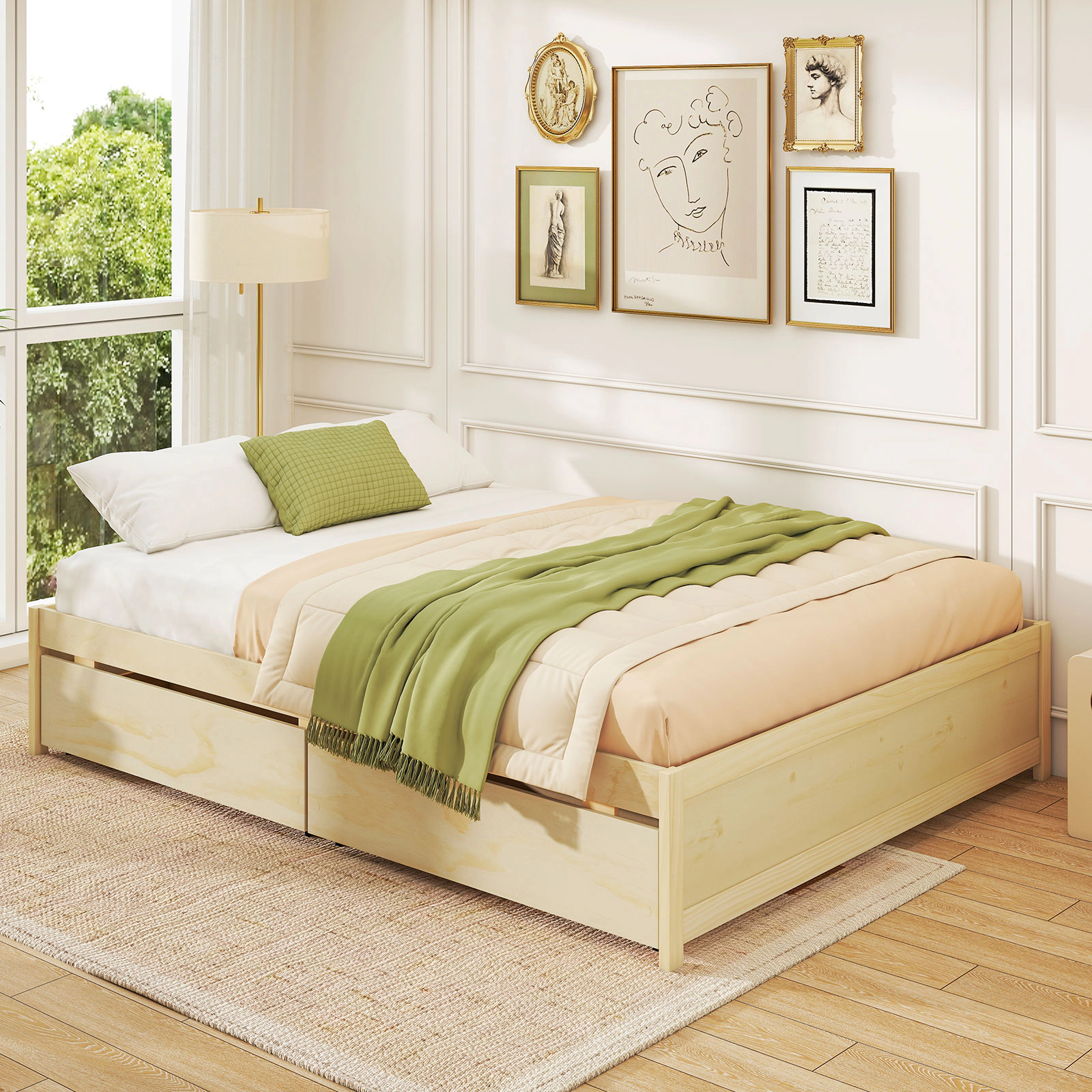SUGIFT Queen Size Bed Frame with 2 Rolling Storage Drawers 300-lb Capacity 83-in Long Natural/White