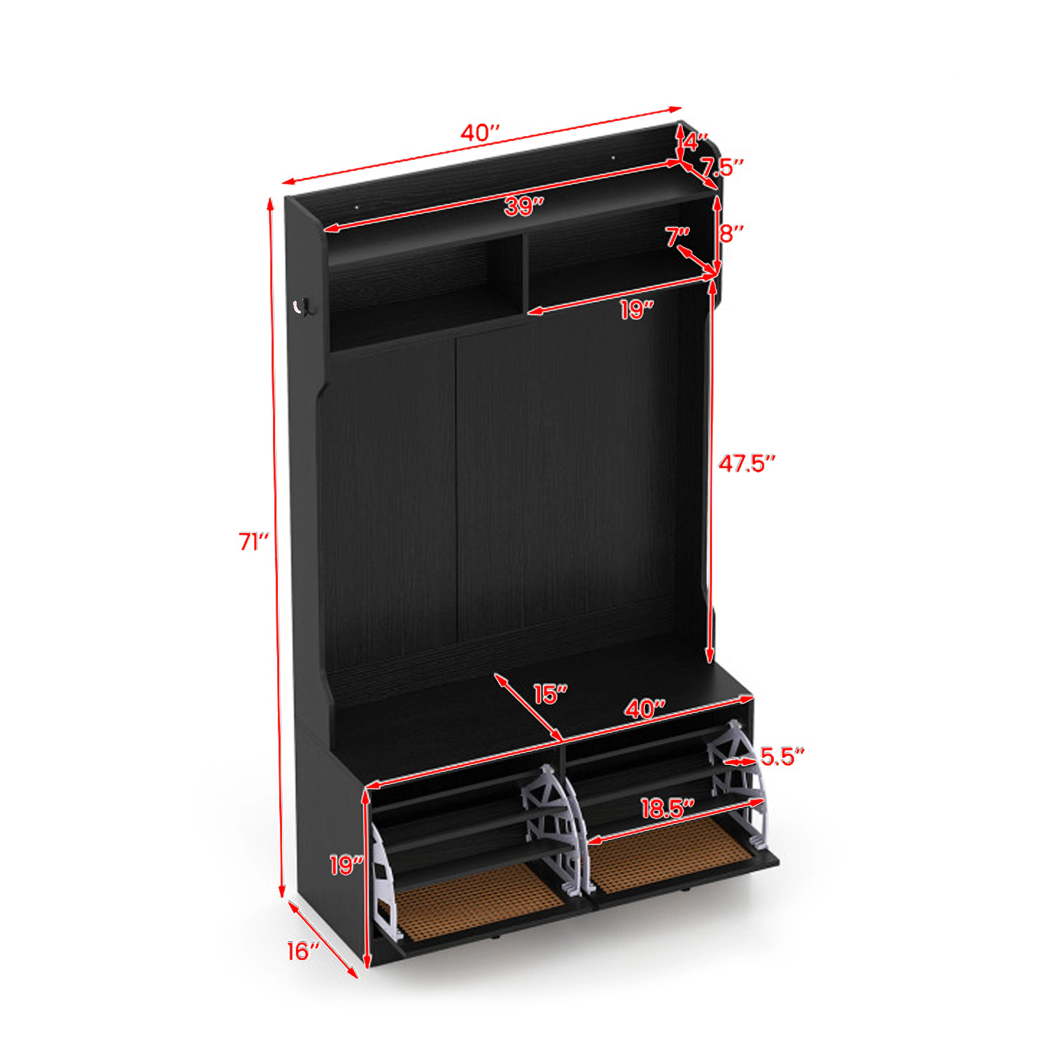 Hivvago Entryway Storage Hall Tree with Coat Hooks and Flip-Top Drawers
