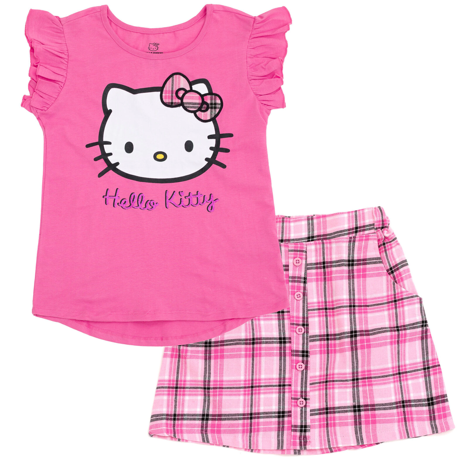 Hello Kitty Girls' 2-Piece Tee and Plaid Skirt Set
