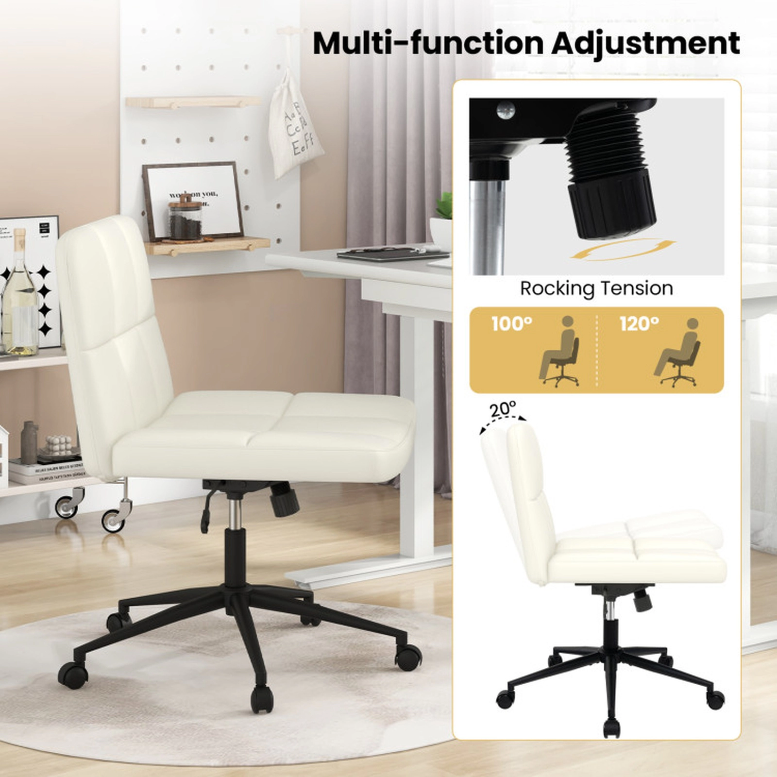 SUGIFT Oversize U-Shaped Cushion Armless Desk Chair with Rocking Mechanism 330-Lb Capacity Height-Adjustable Beige/Brown