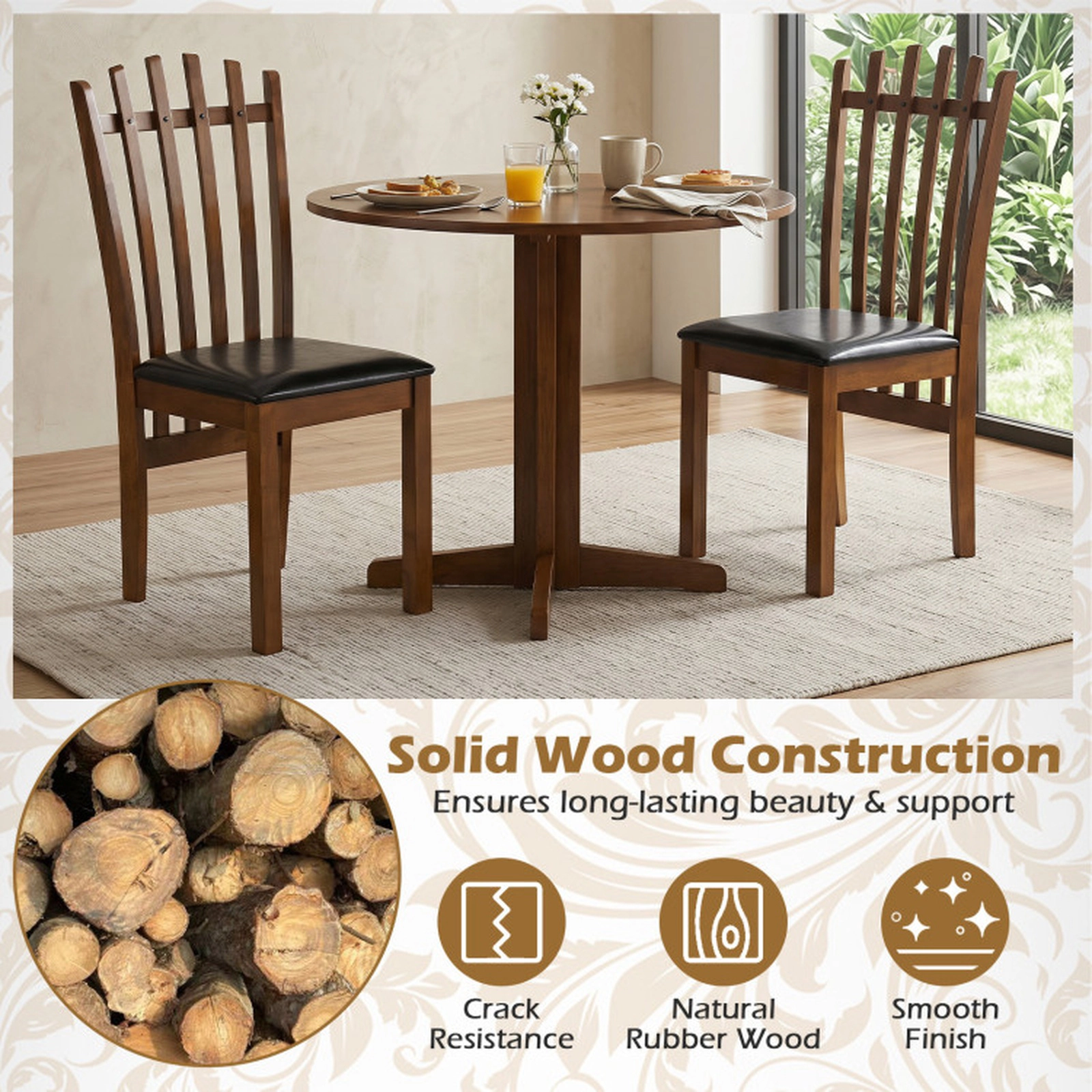 SUGIFT Set of 4 Wooden Dining Chairs with Spindle Back and PU Leather Seat 330-Lb Capacity 38-in Tall Walnut + Black