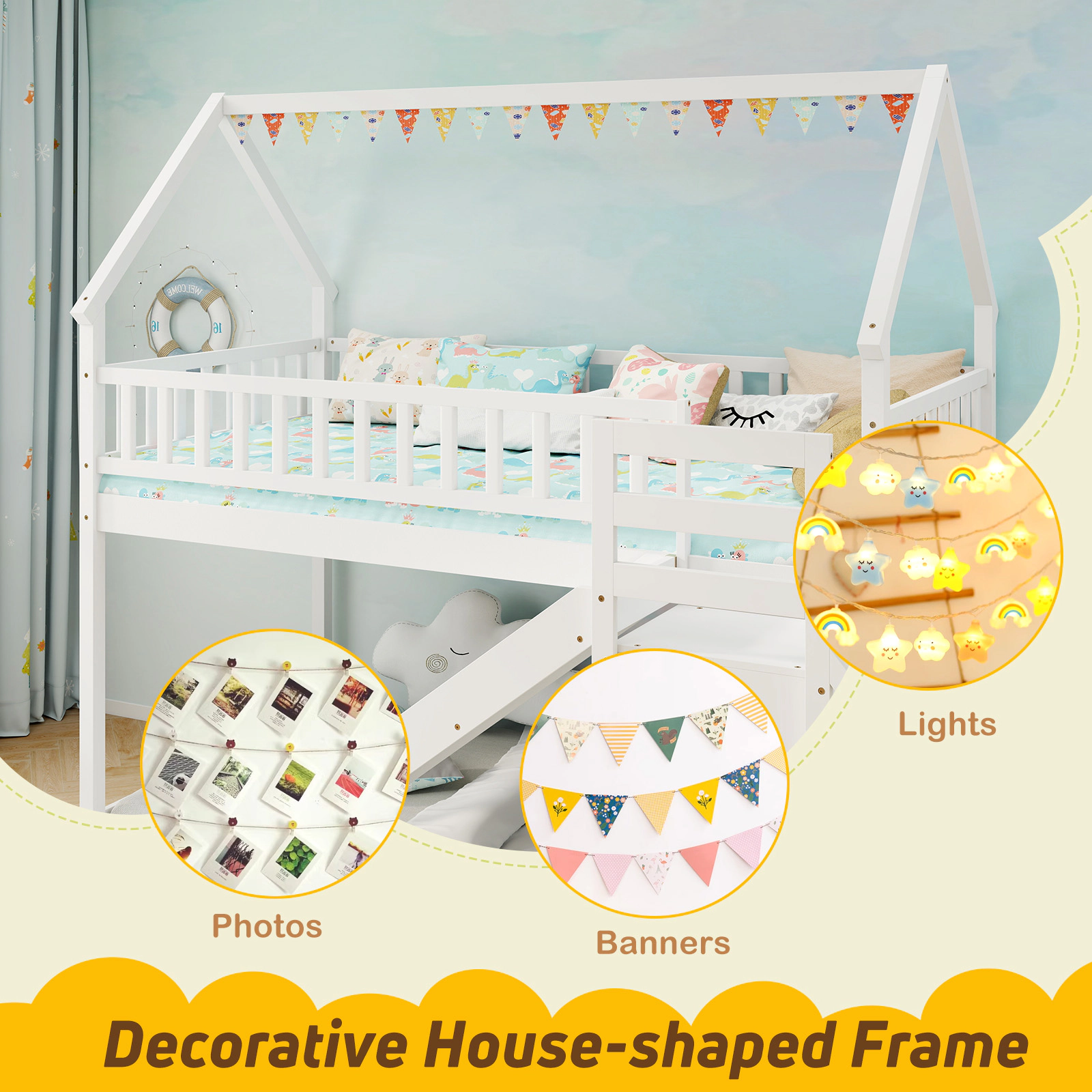 SUGIFT White 63 in Slide Staircase and Storage Shelves Twin Over Twin Kids Bunk Bed