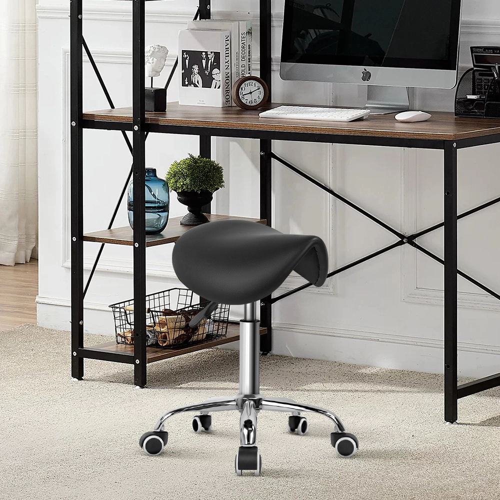KKTONER Rolling Saddle Stool PU Leather Swivel Adjustable Rolling Stool with Wheels Salon Chair Black
