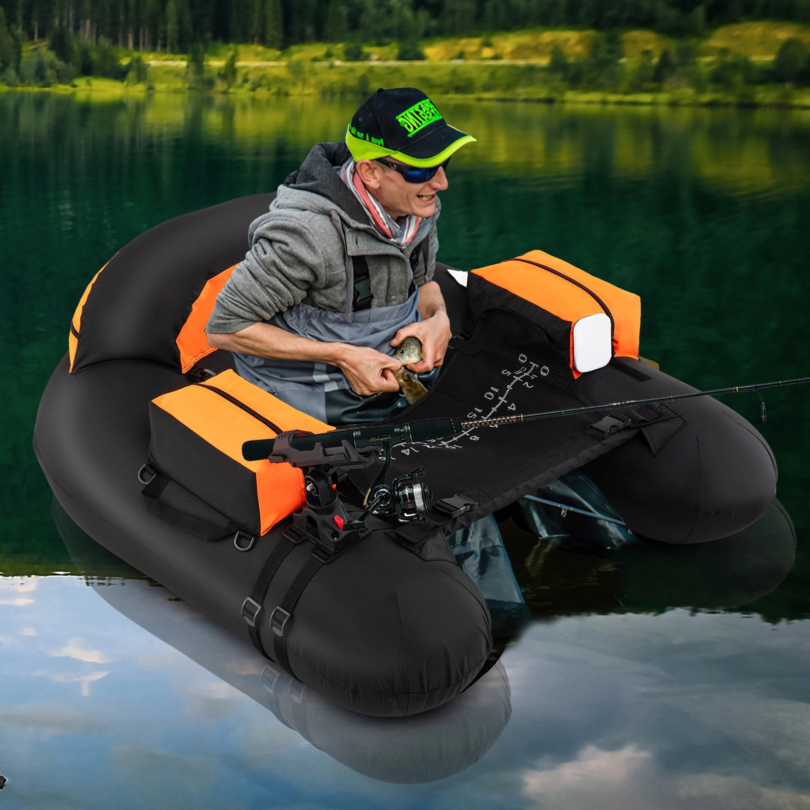 SUGIFT Inflatable Float Tube with Fishing Rod Holder and Fish Hook Stator Water Toy 330-lb Capacity Green/Orange