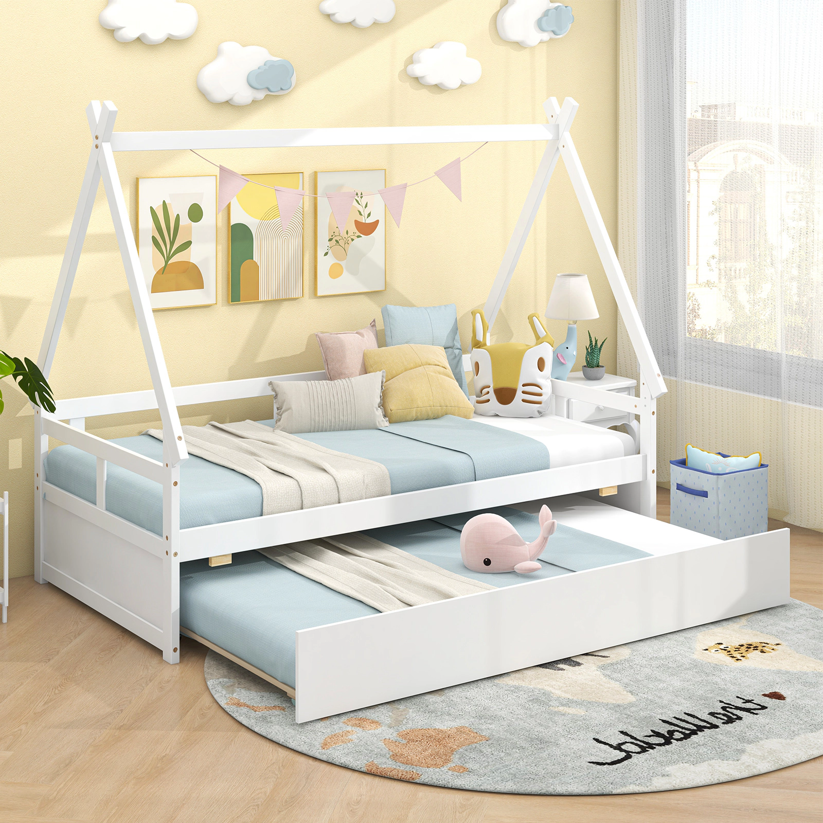 SUGIFT Twin Size House Bed with Trundle and Safety Guardrail 250-lb Bed 200-lb Trundle Capacity 78-in Frame White