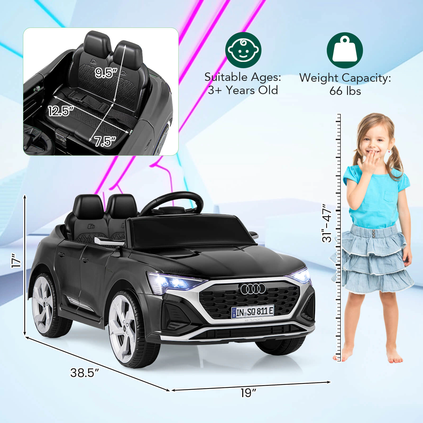 Costway 12V Kids Ride On Car w/Remote Control 4 Wheels Suspension 3 Speeds LED Headlight