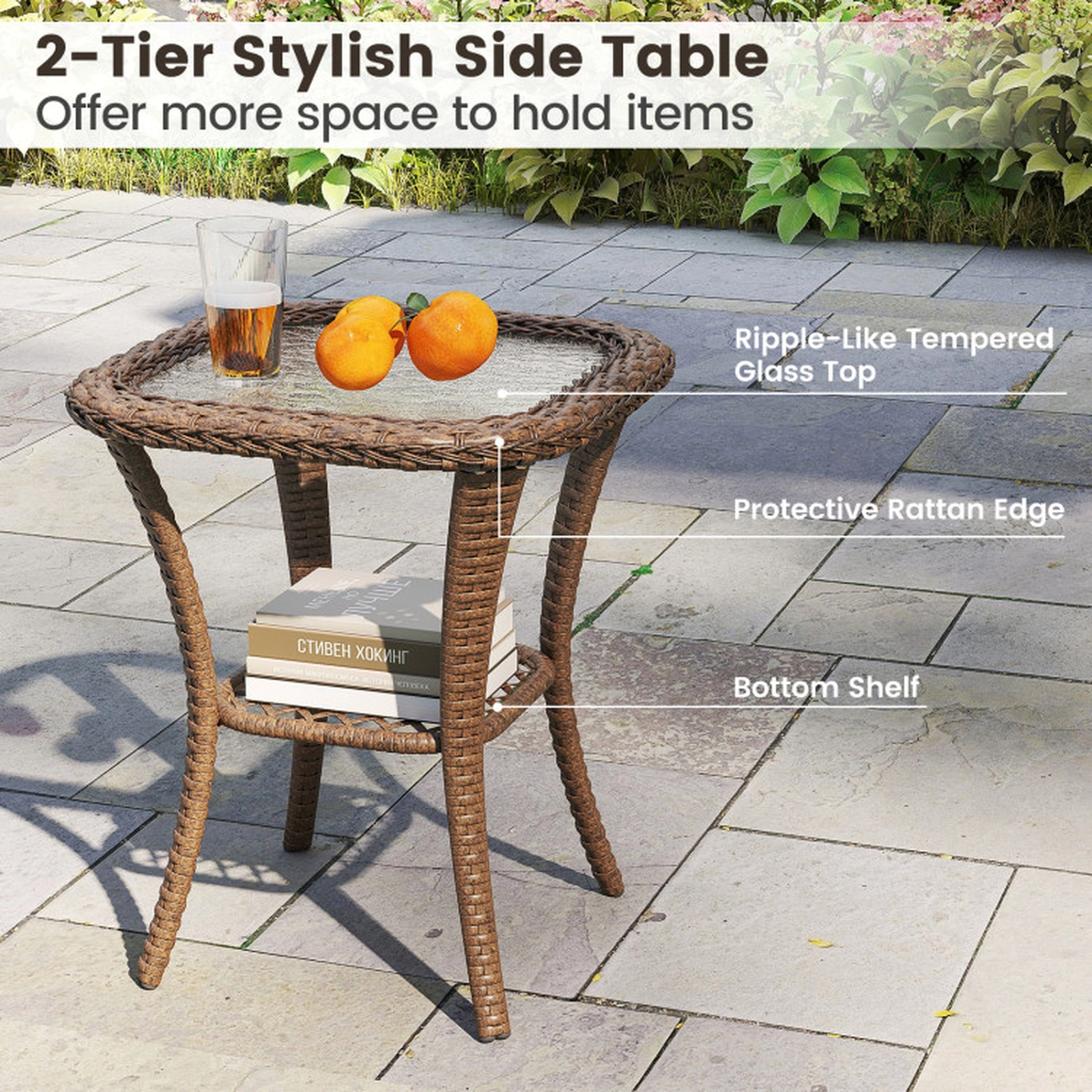 SUGIFT Patio Swivel Rocker Chair Set with Tempered Glass Side Table 400-lb Seat and 110-lb Table Capacity White Cushions