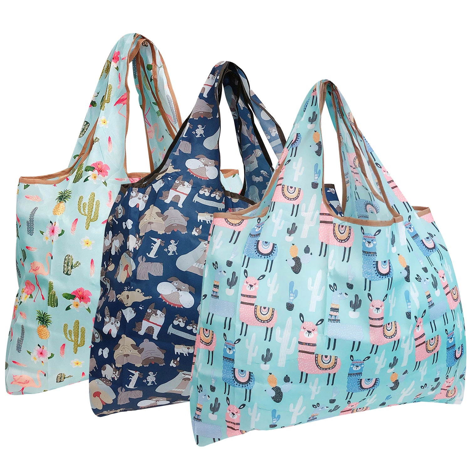 Wrapables Large Nylon Reusable Shopping Bags for Groceries (Set of 3), Flamingoes, Dogs, Llamas