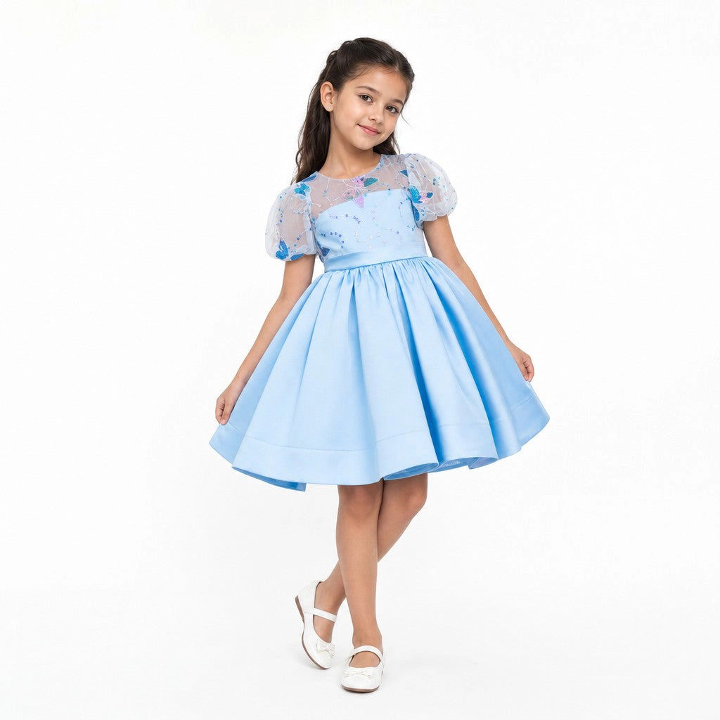 Faeella Girls Celestial Butterfly Blue Sequin Tulle Birthday Dress