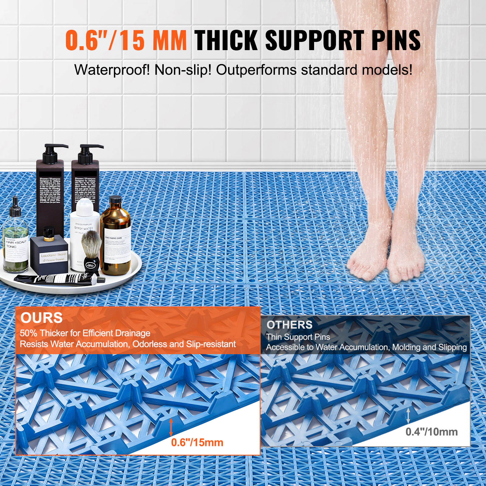 HONGGE Interlocking Drainage Tile, 12x12 In Soft PVC, 55-Piece Set, Non-Slip Blue Flooring for Bathroom, Kitchen & Pool