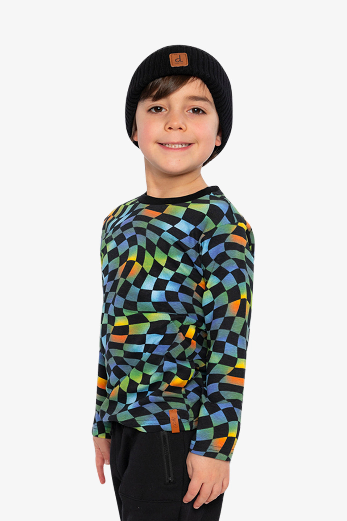 Deux par Boys Organic Cotton Long Sleeve Checkered T-Shirt