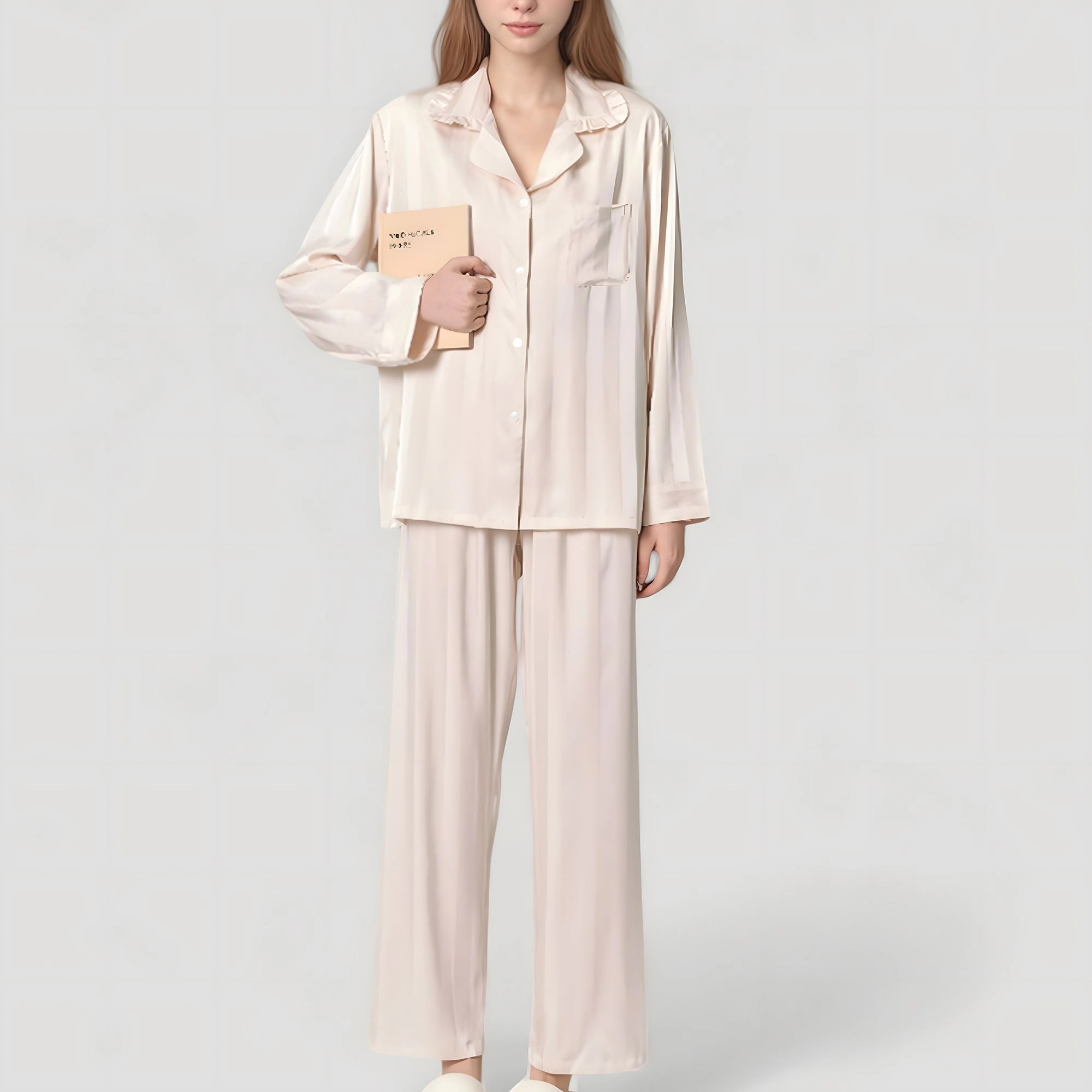 Anna-Kaci Women's Long Sleeve Button Down Satin Pajama Top with Ruffle Collar and Wide Leg Pants Sleepwear Set