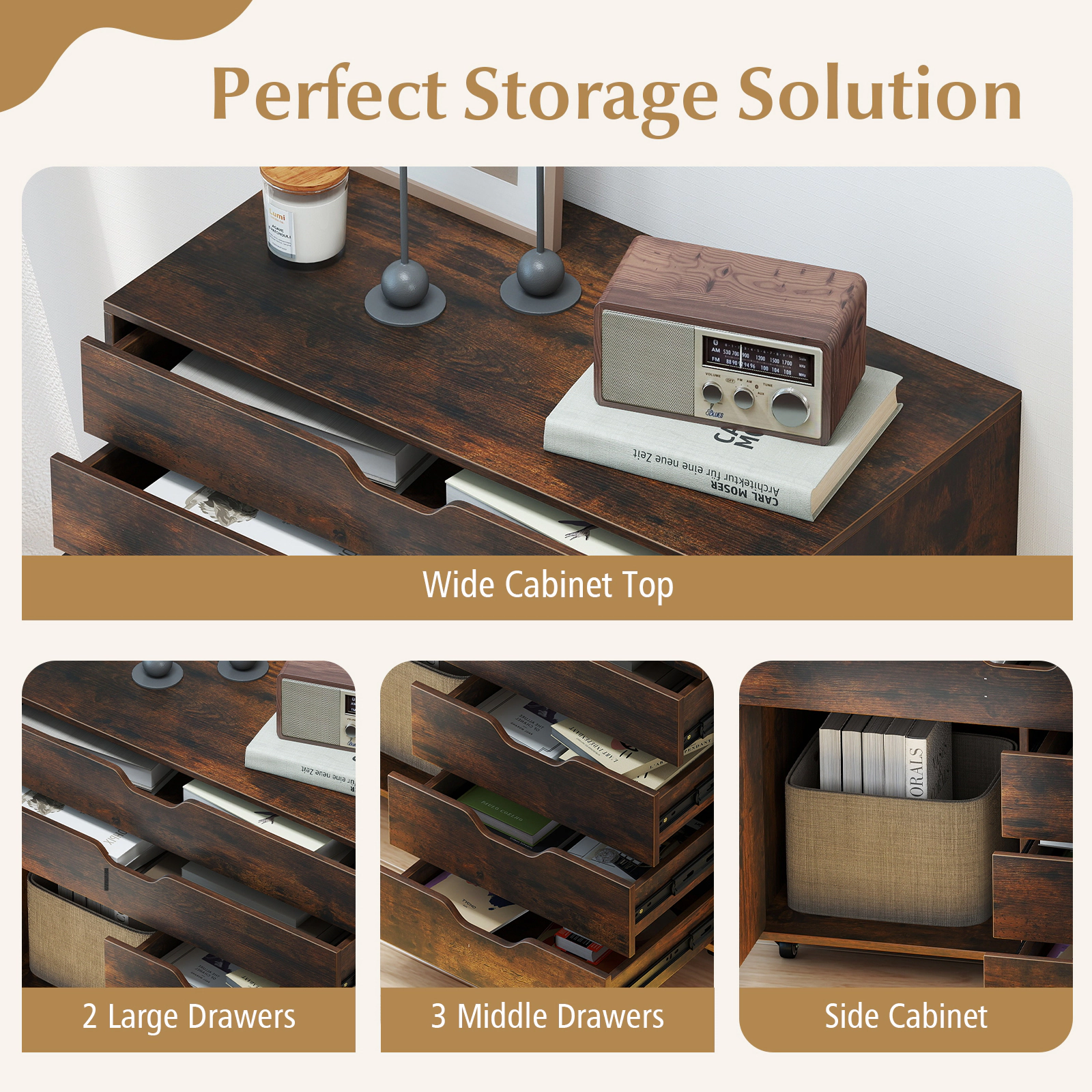 Glintex 5-Drawer Mobile Chest with Door and 360-Degree Swivel Casters