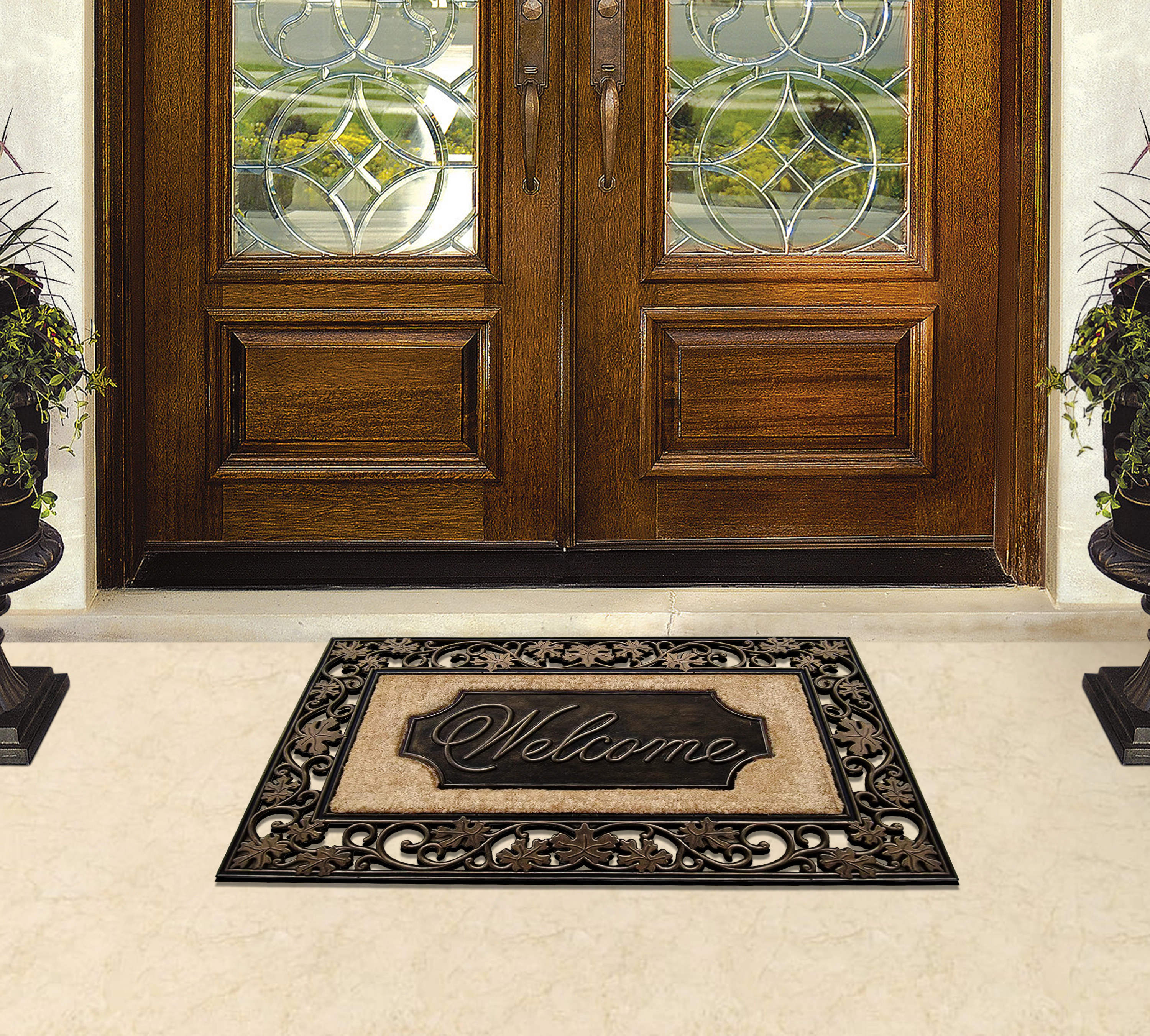 A1HC Coir and Rubber Door Mat 18x30 Inches Heavy Duty Durable Low-Profile Floral Welcome