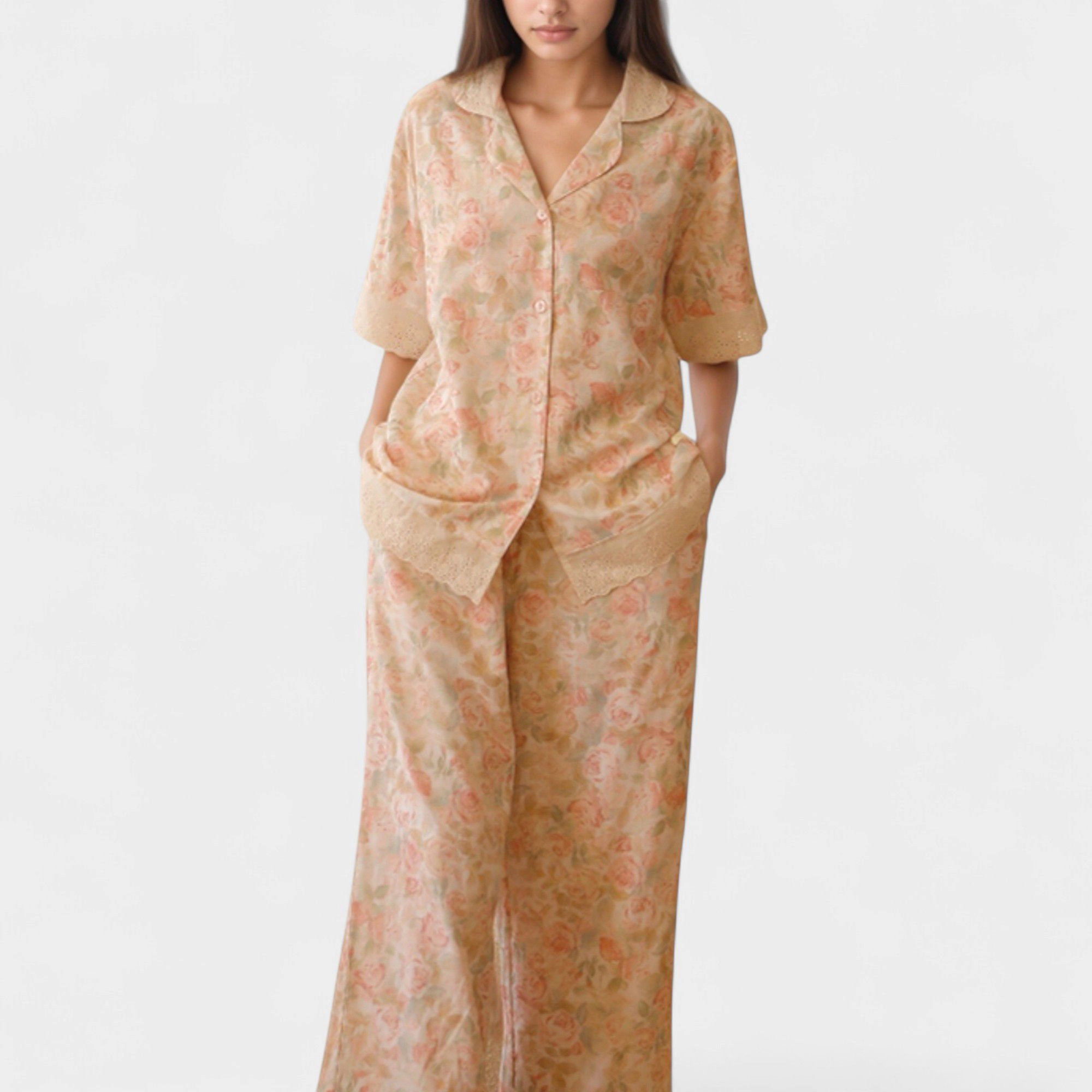 Anna-Kaci Women's Floral Lace Trim Pajama Set Short Sleeve Button Top with Matching Wide Leg Lounge Pants