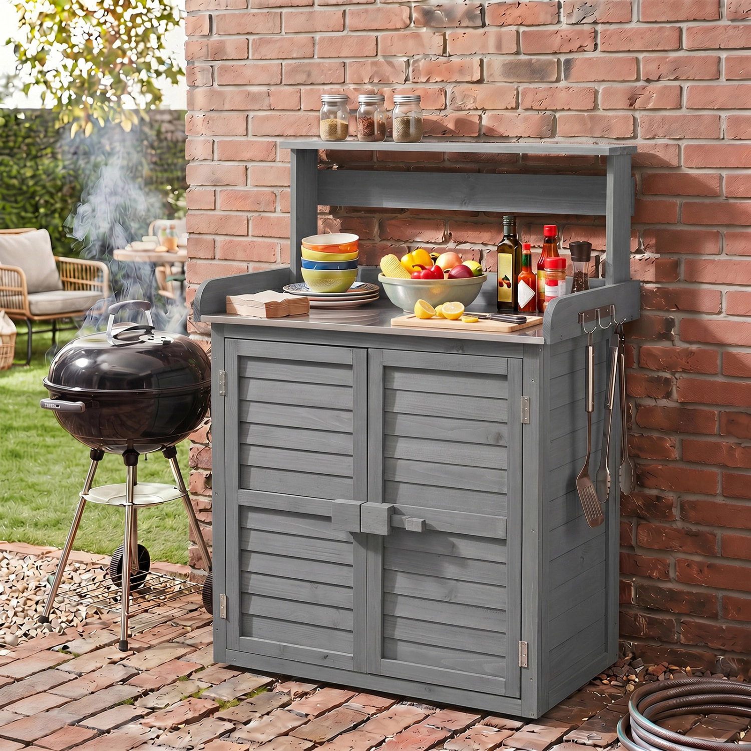 LJG Wood Plant Workstation with Stainless Steel Tabletop and Removable Shelves