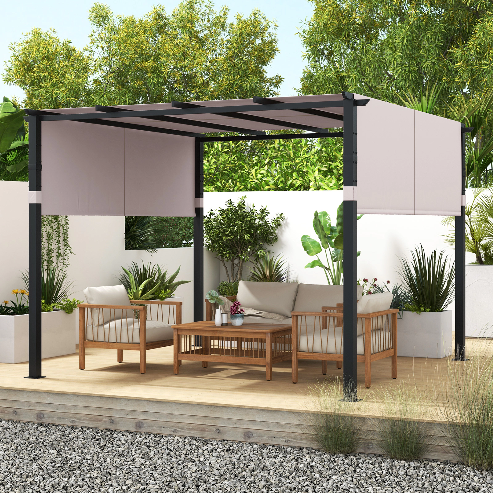 Hivvago 10 x 10 ft Flat Top Pergola with Retractable Canopy for Garden Pool Porch and Backyard-Gray